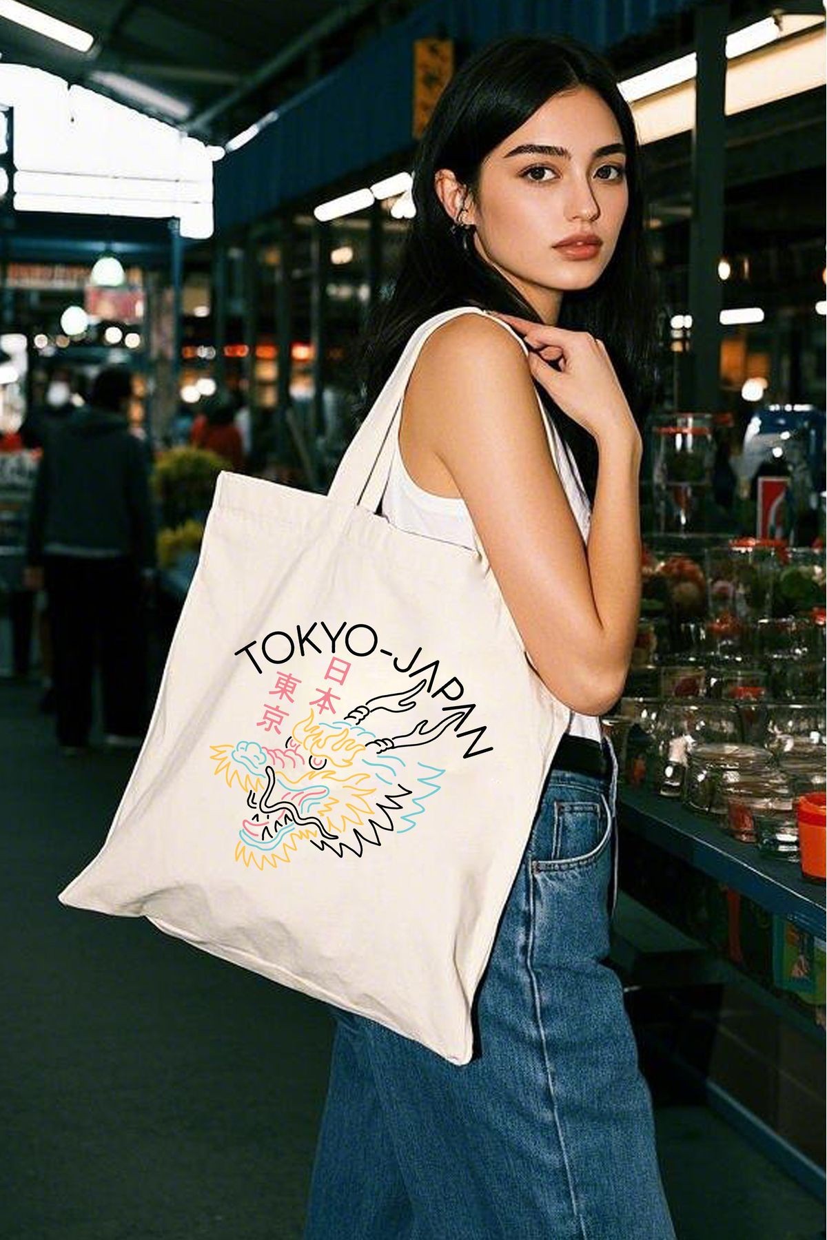 Bezji Tokyo Baskılı Kanvas Bez Çanta Tote Bag