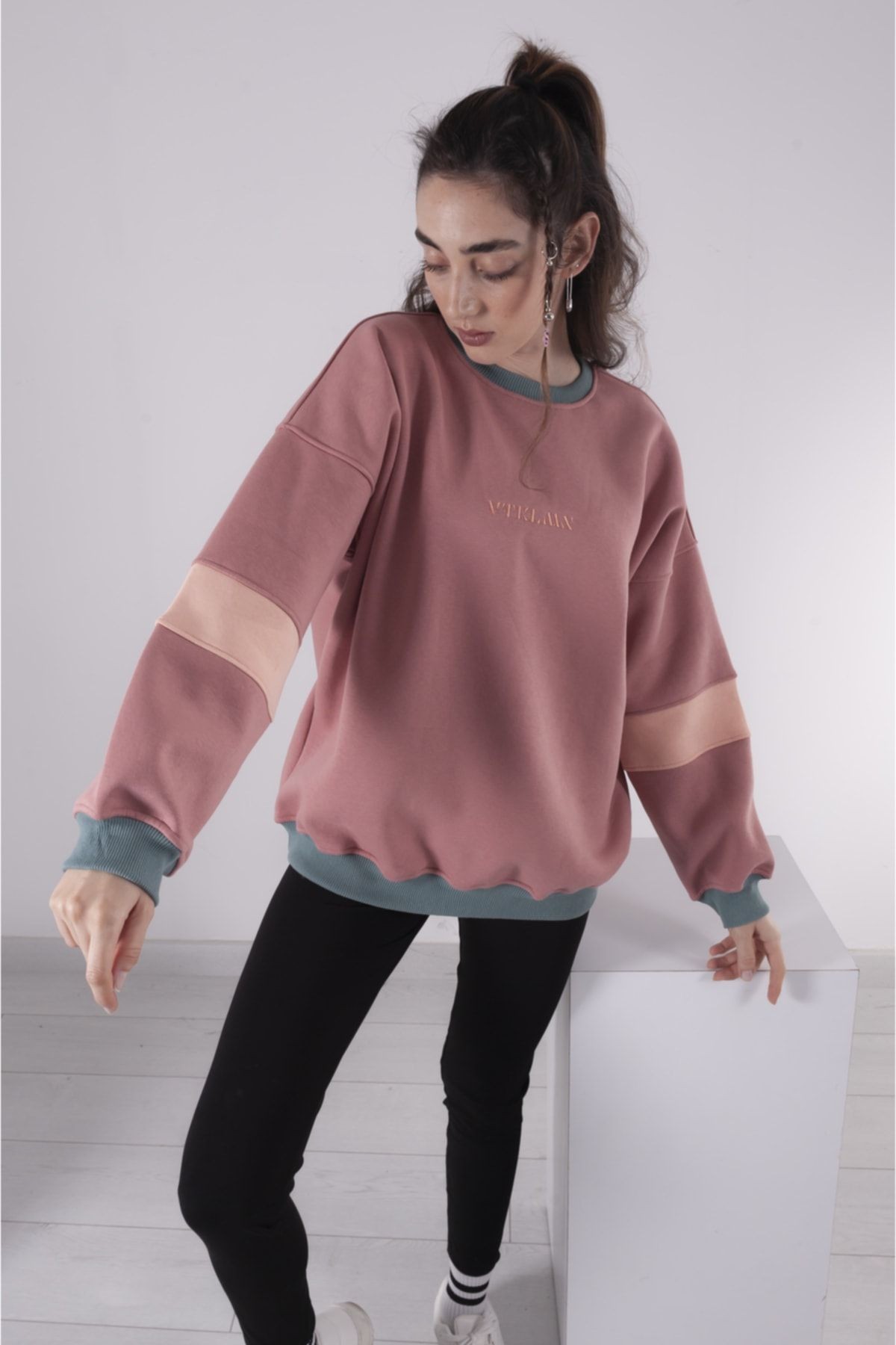 Oversize Şardonlu Örme Sweatshirt - GÜL KURUSU