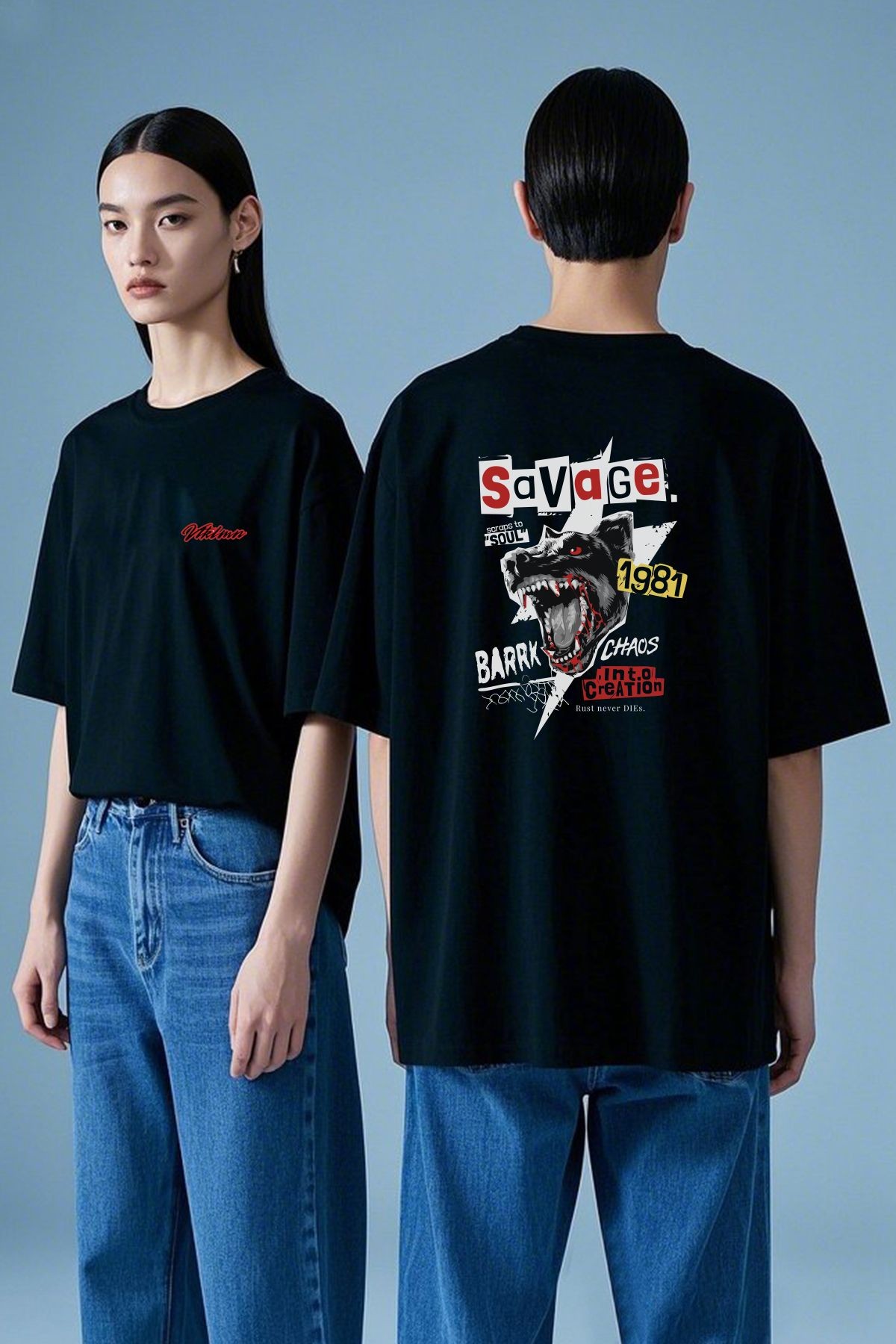 Unisex %100 Organik Pamuk Oversize Yuvarlak Yaka Baskılı T-shirt - Siyah