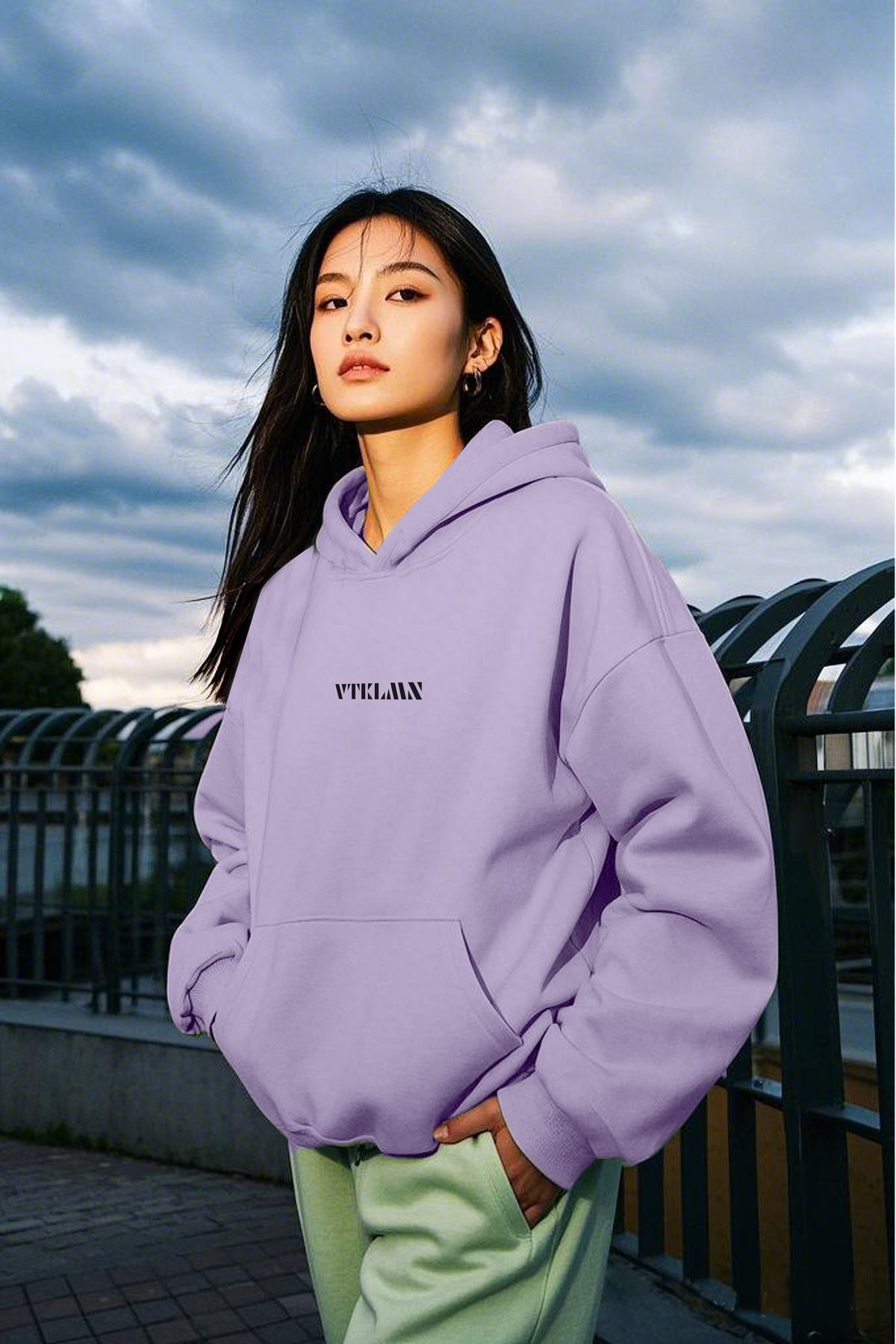 Kalın İçi Polarlı Oversize Kapüşonlu Hoodie Sweatshirt - Lila