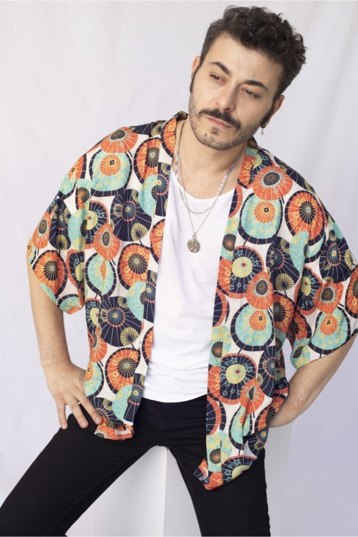 Unisex Yeşil Turuncu Standart Beden Desenli Kimono Gömlek