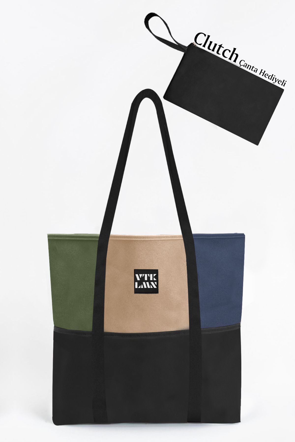 Tote Bag Omuz Çantası - Haki-Krem-Laci