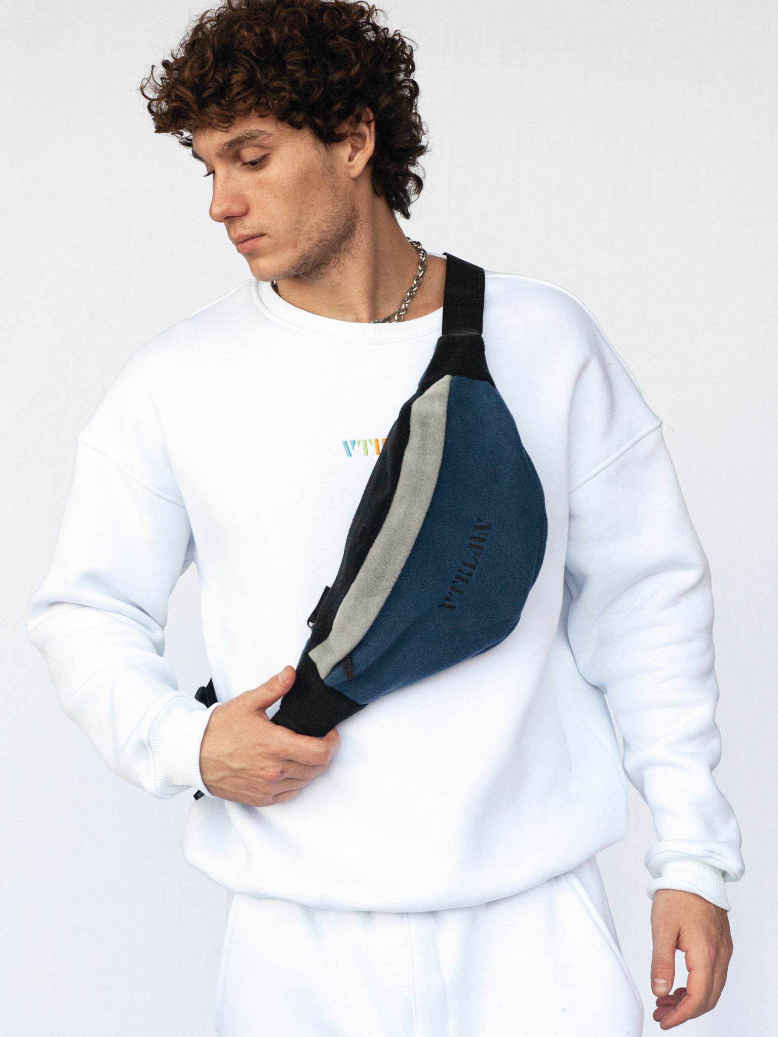 Unisex Fleece Shoulder And Waist Bag - Navy Blue Gray Black