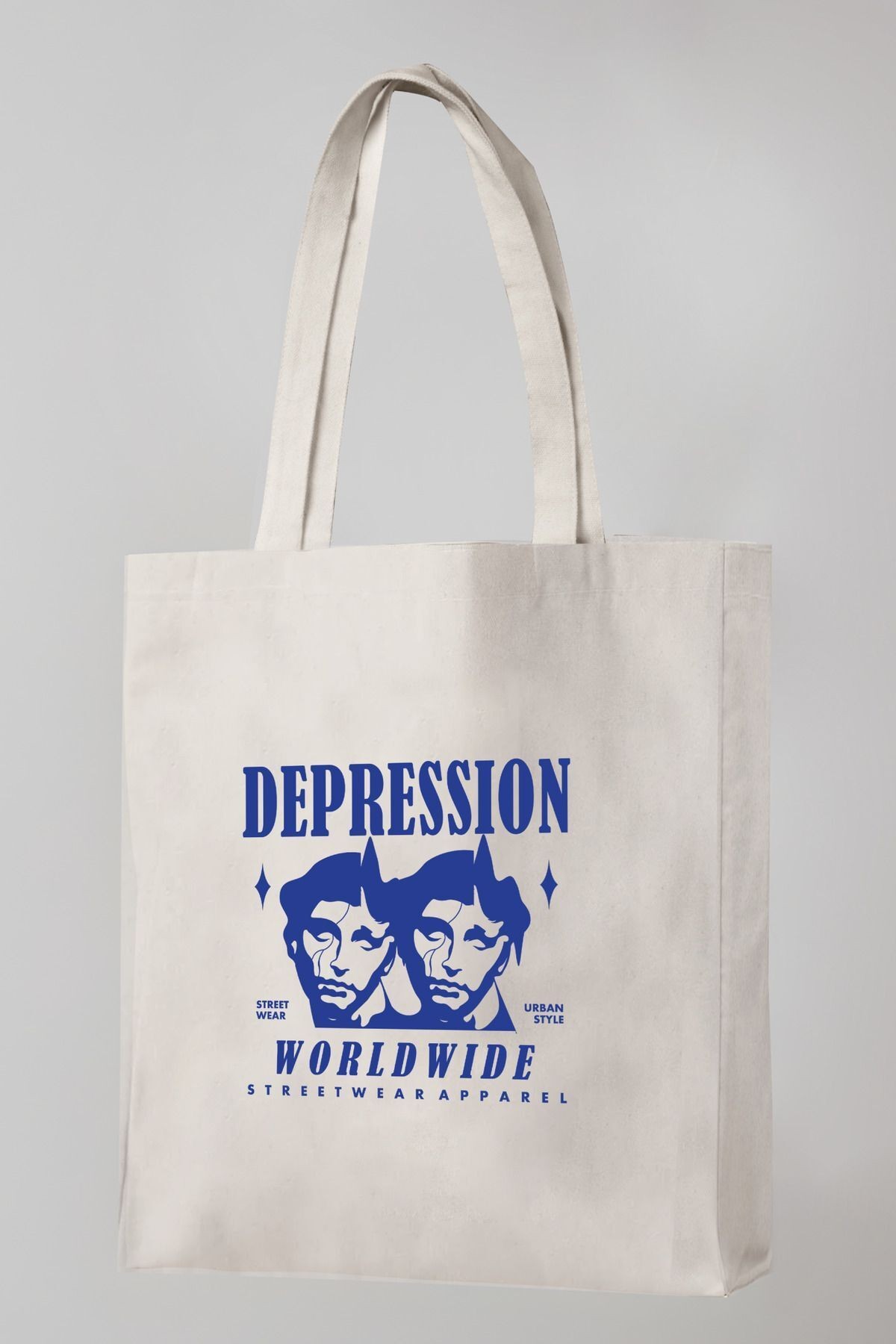 Bezji Depression Baskılı Kanvas Bez Çanta Tote Bag - Krem