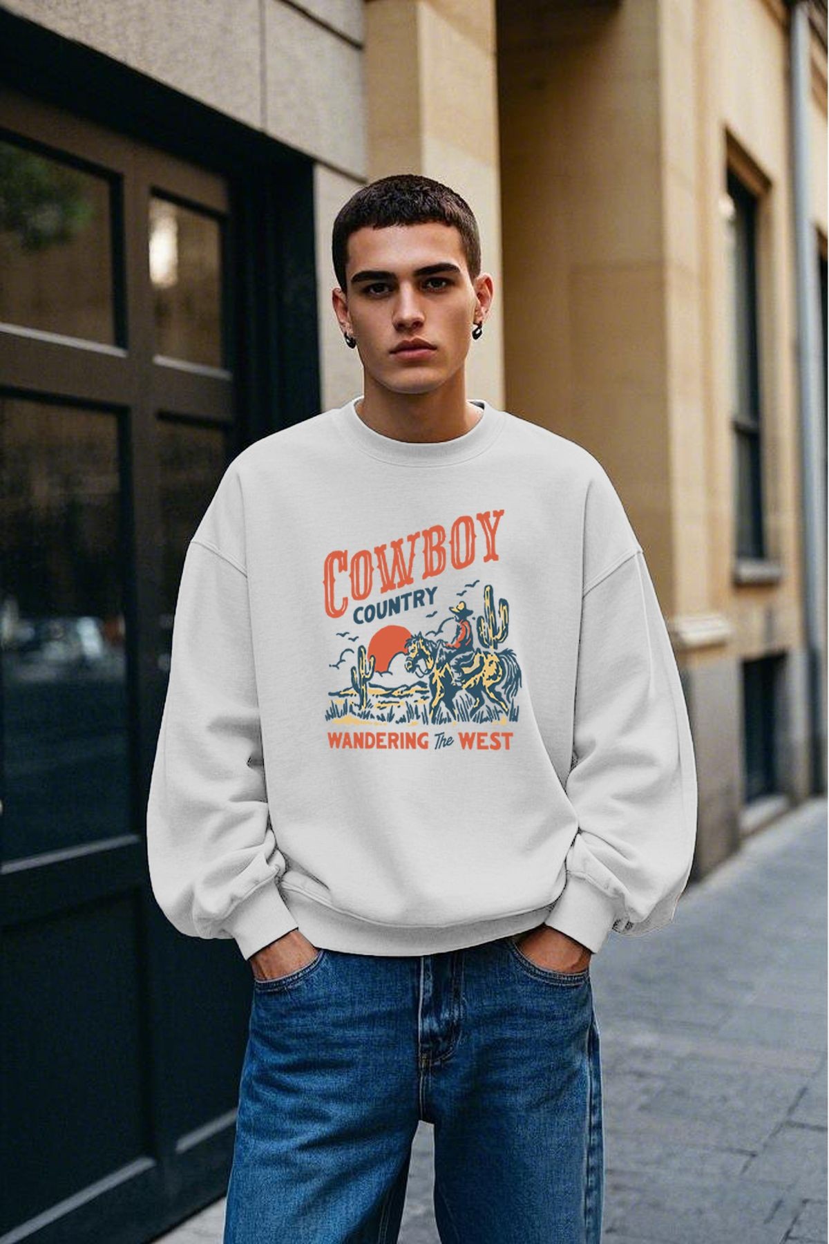 Cowboy Baskılı Unisex Kalın İçi Polarlı Oversize Sweatshirt