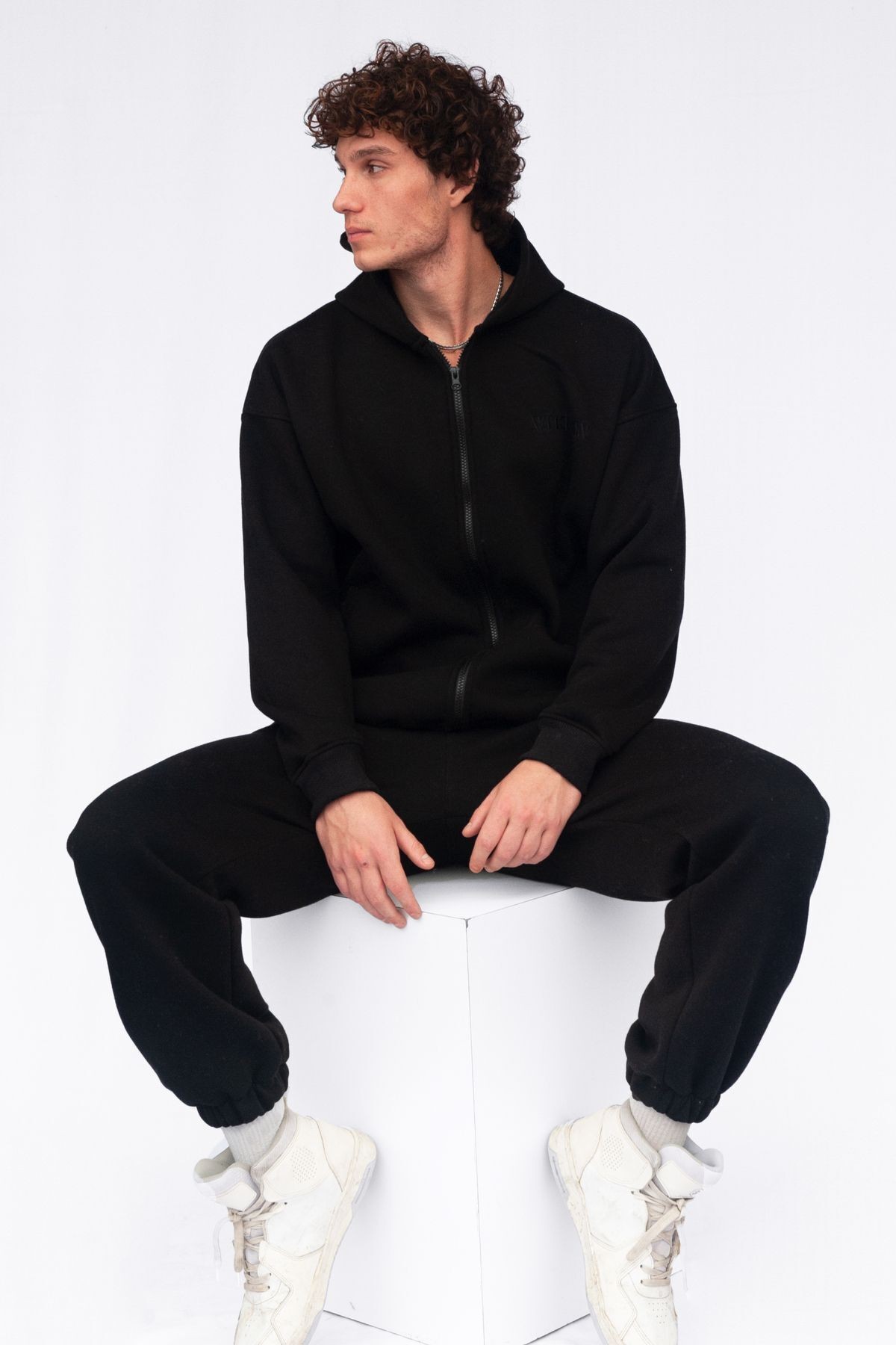 Şardonlu Oversize Kapşonlu Fermuarlı Sweatshirt - Siyah