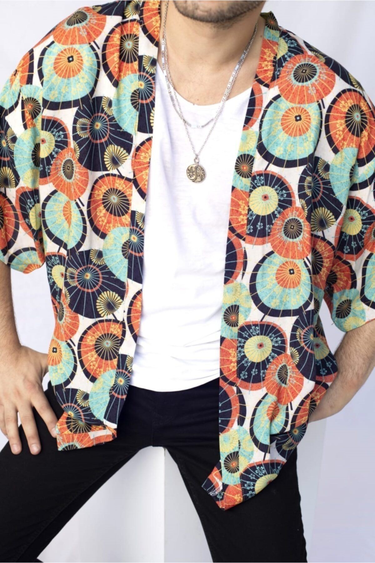 Unisex Yeşil Turuncu Standart Beden Desenli Kimono Gömlek
