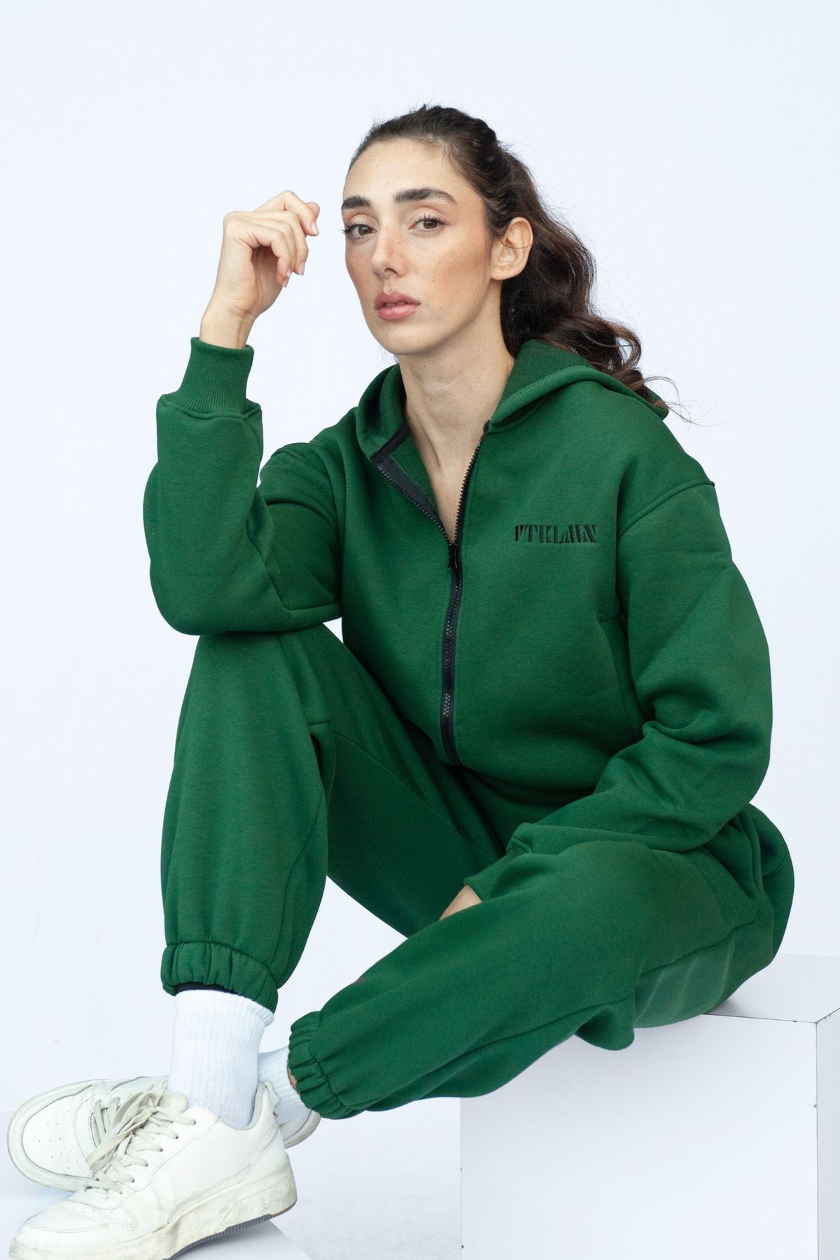 Fermuarlı Kapüşonlu Crop Kalın İçi Polarlı Örme Sweatshirt