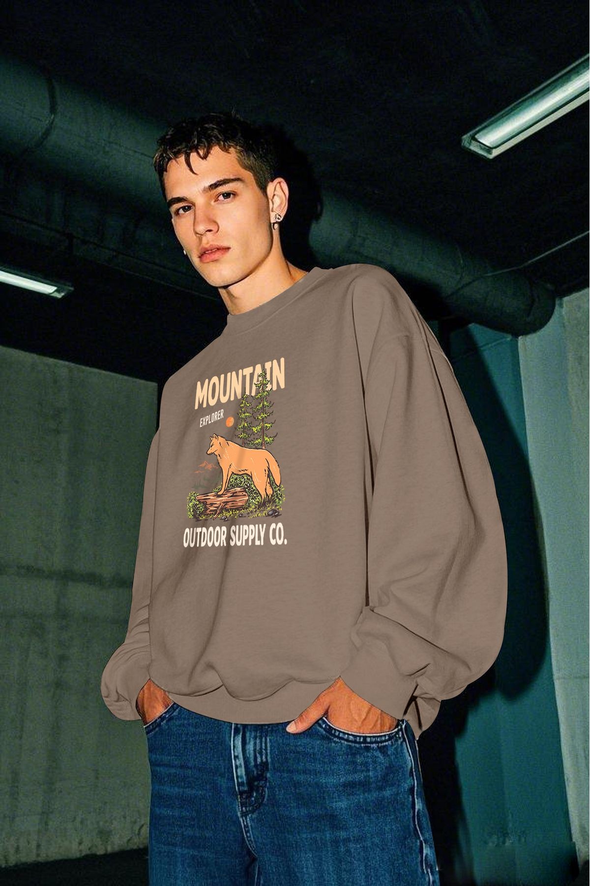 Mountain Baskılı Unisex Kalın İçi Polarlı Oversize Sweatshirt