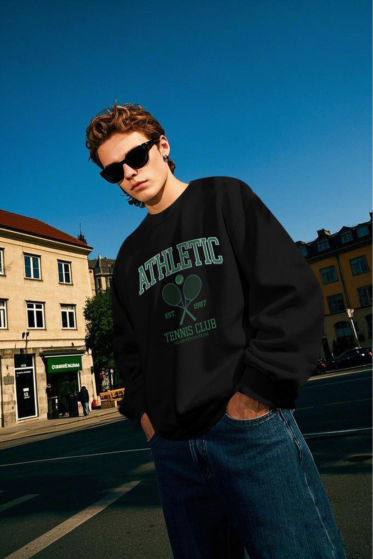 Athletic Baskılı Unisex Kalın Içi Polarlı Oversize Sweatshirt - Siyah