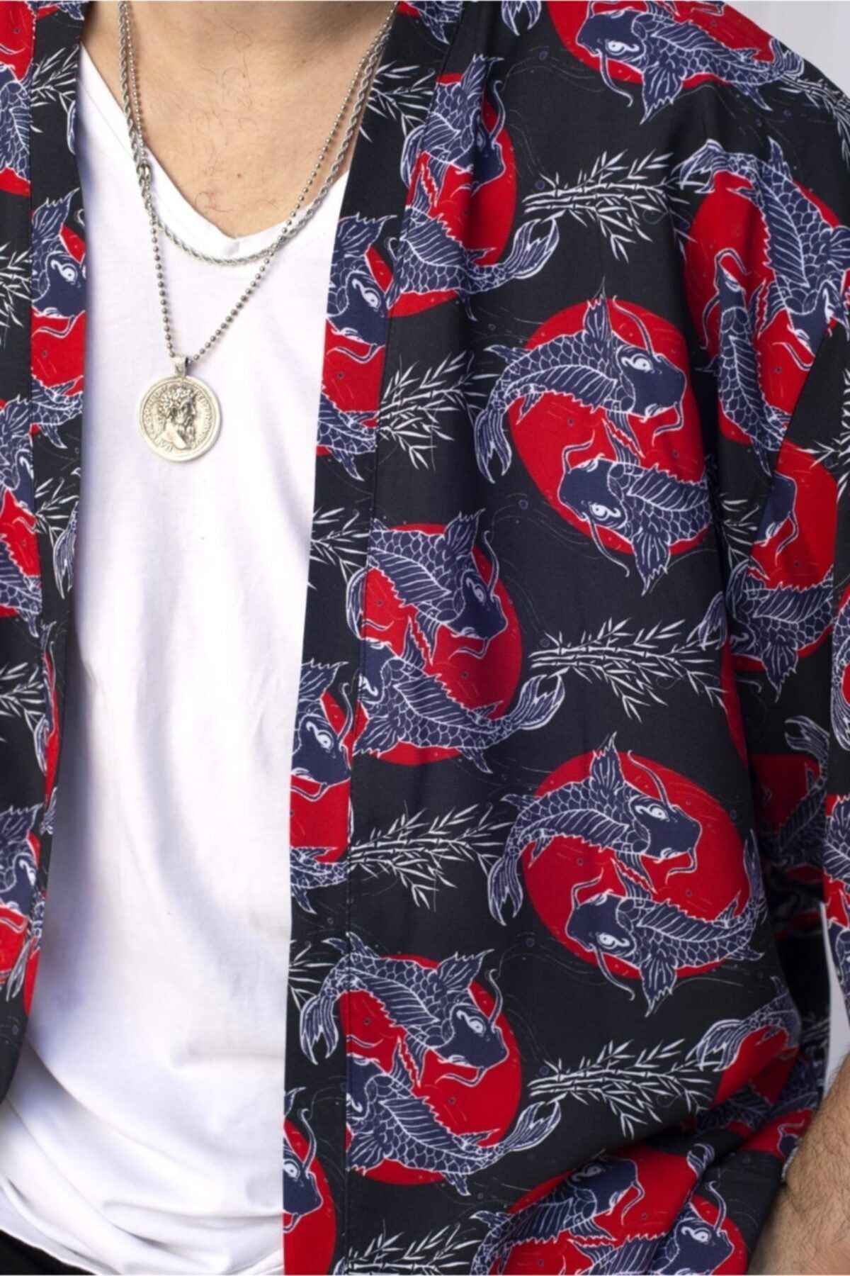 Unisex Kırmızı Desenli Kimono Gömlek