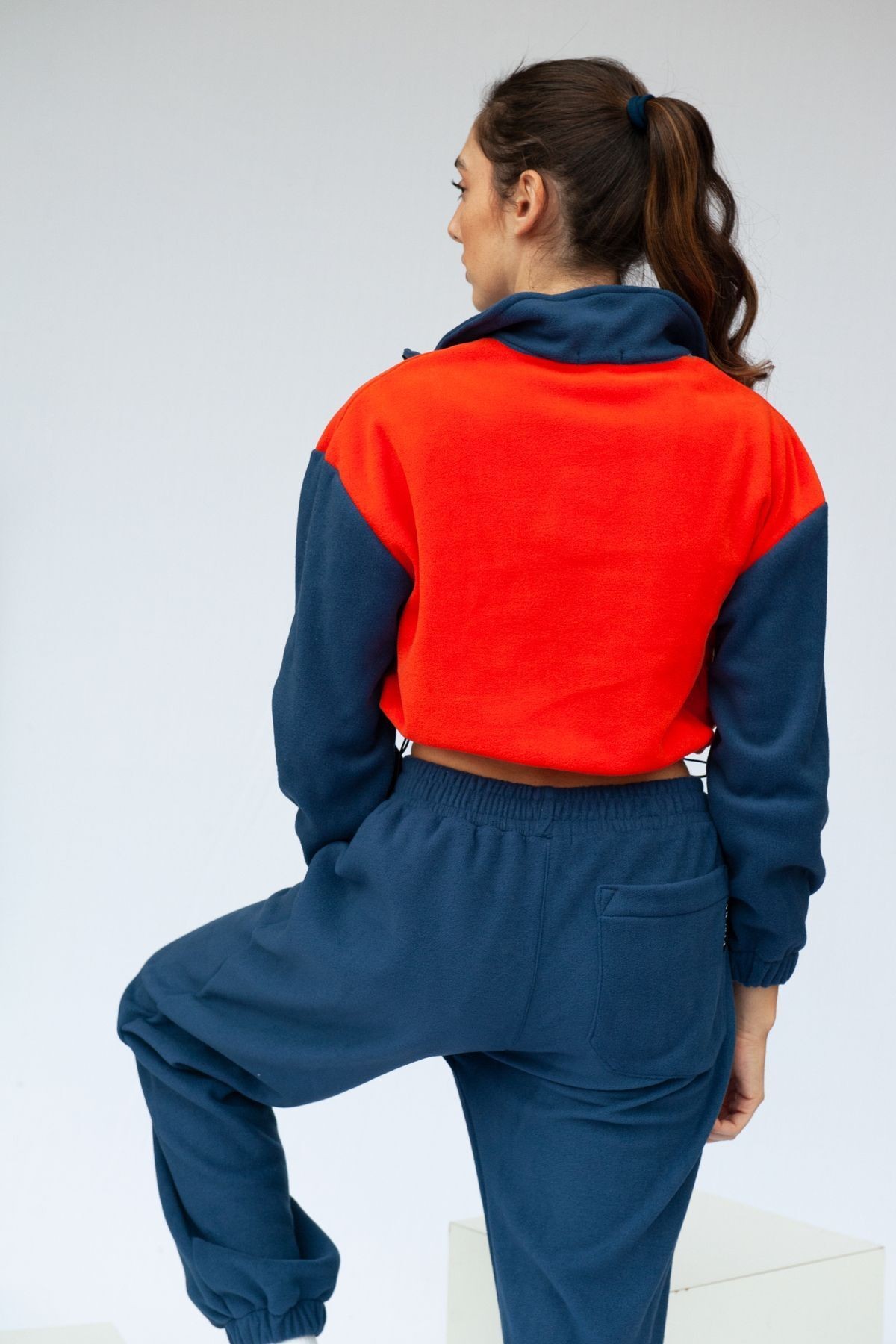 Yarım Fermuarlı Crop Polar - Lacivert-Turuncu