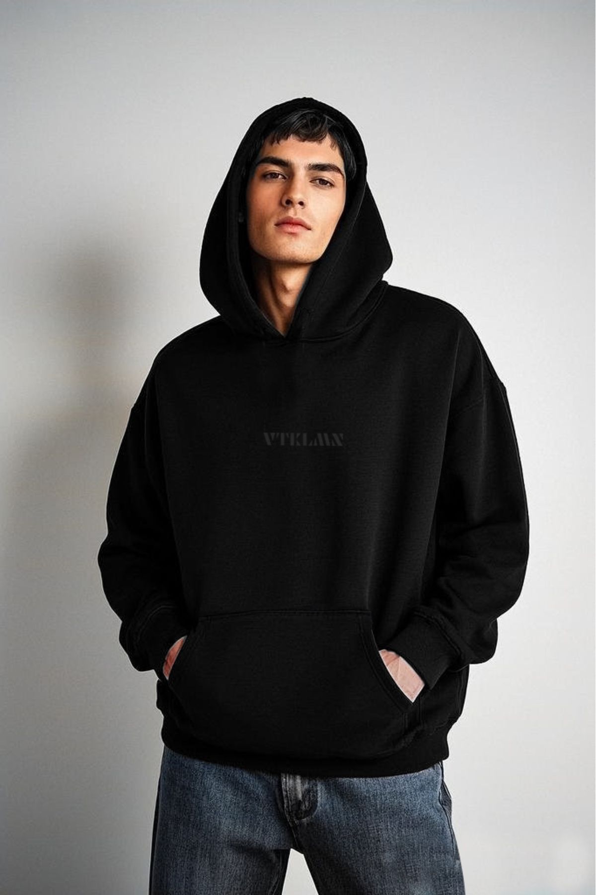 Kalın İçi Polarlı Oversize Kapüşonlu Hoodie Sweatshirt - Siyah