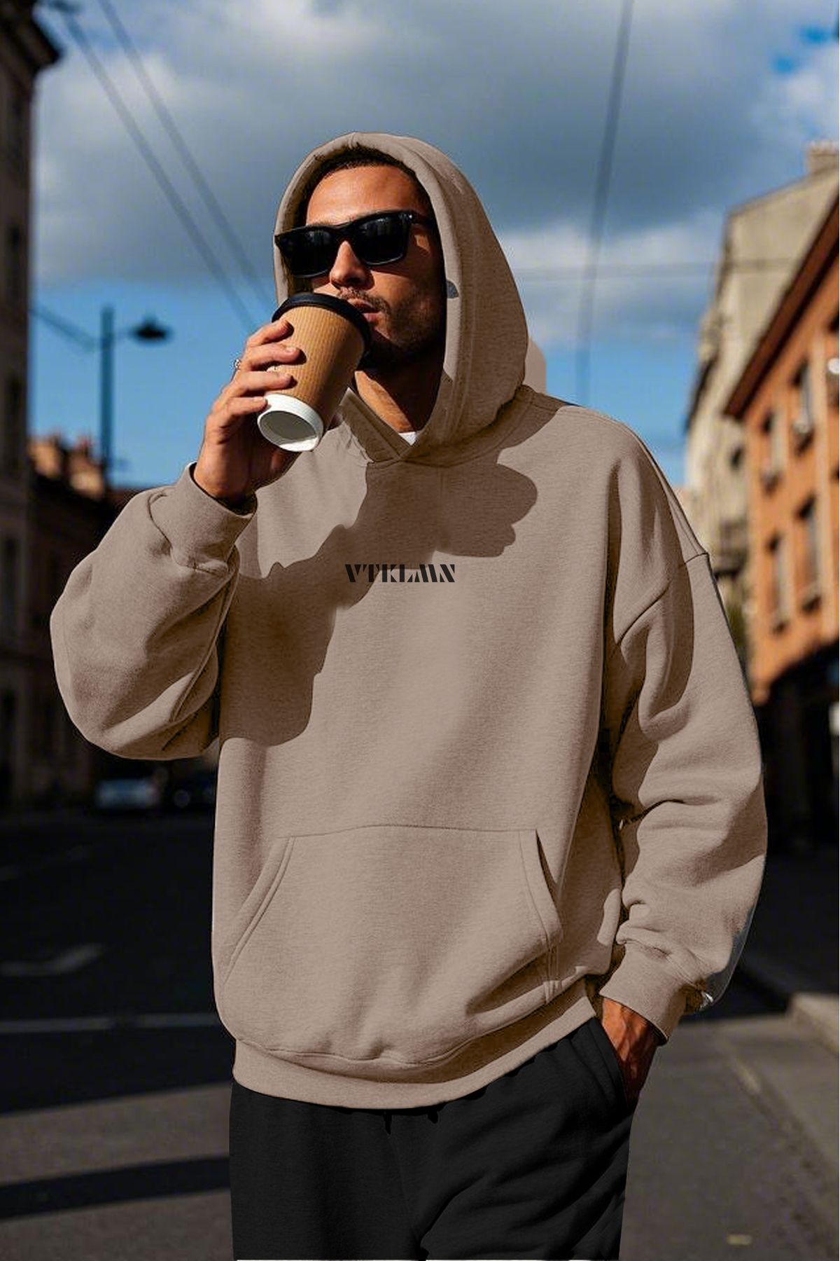 Kalın İçi Polarlı Oversize Kapüşonlu Hoodie Sweatshirt - KAHVE