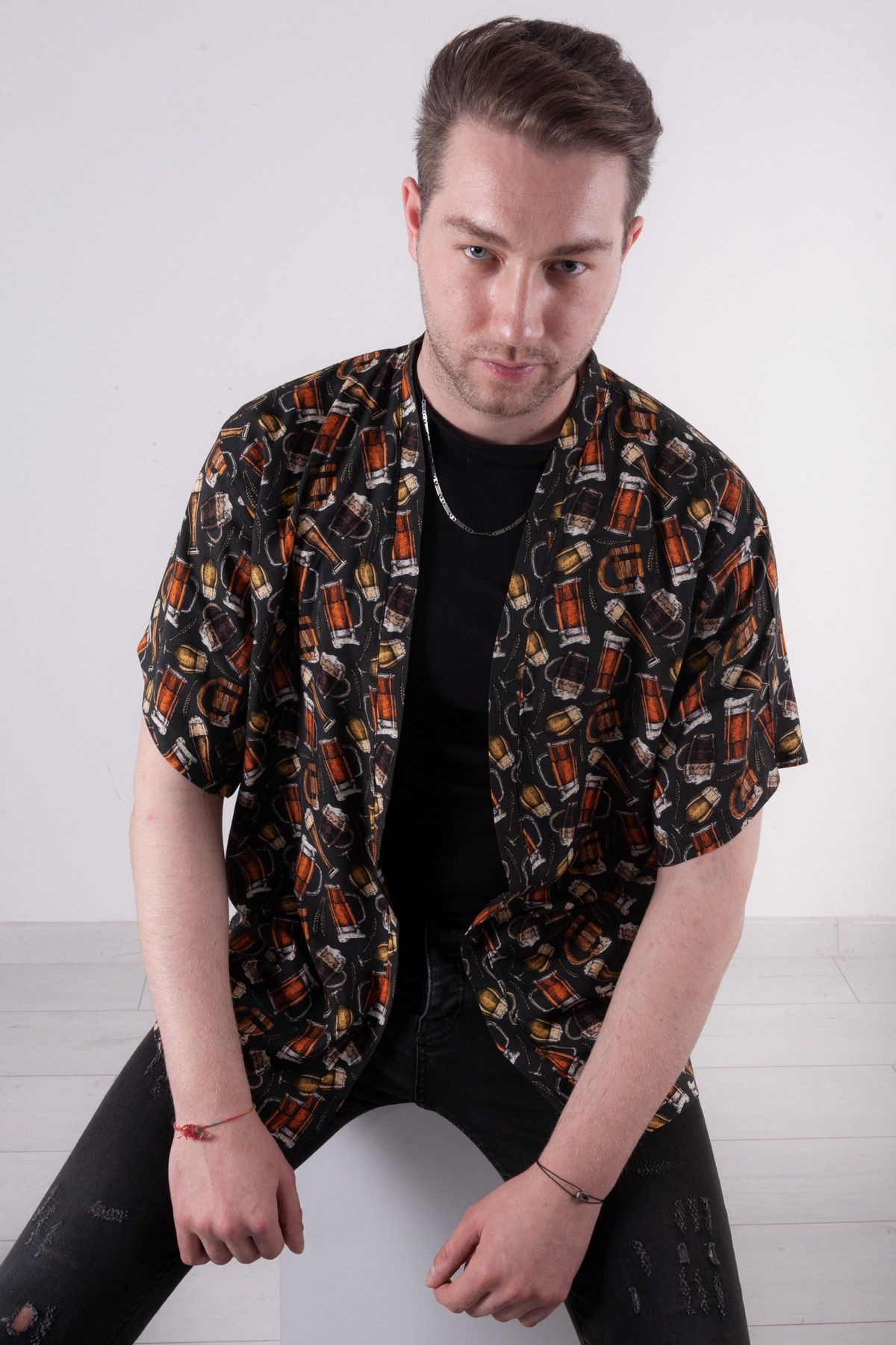 Kadın Erkek Standart Beden Desenli Kimono Gömlek - GRİ