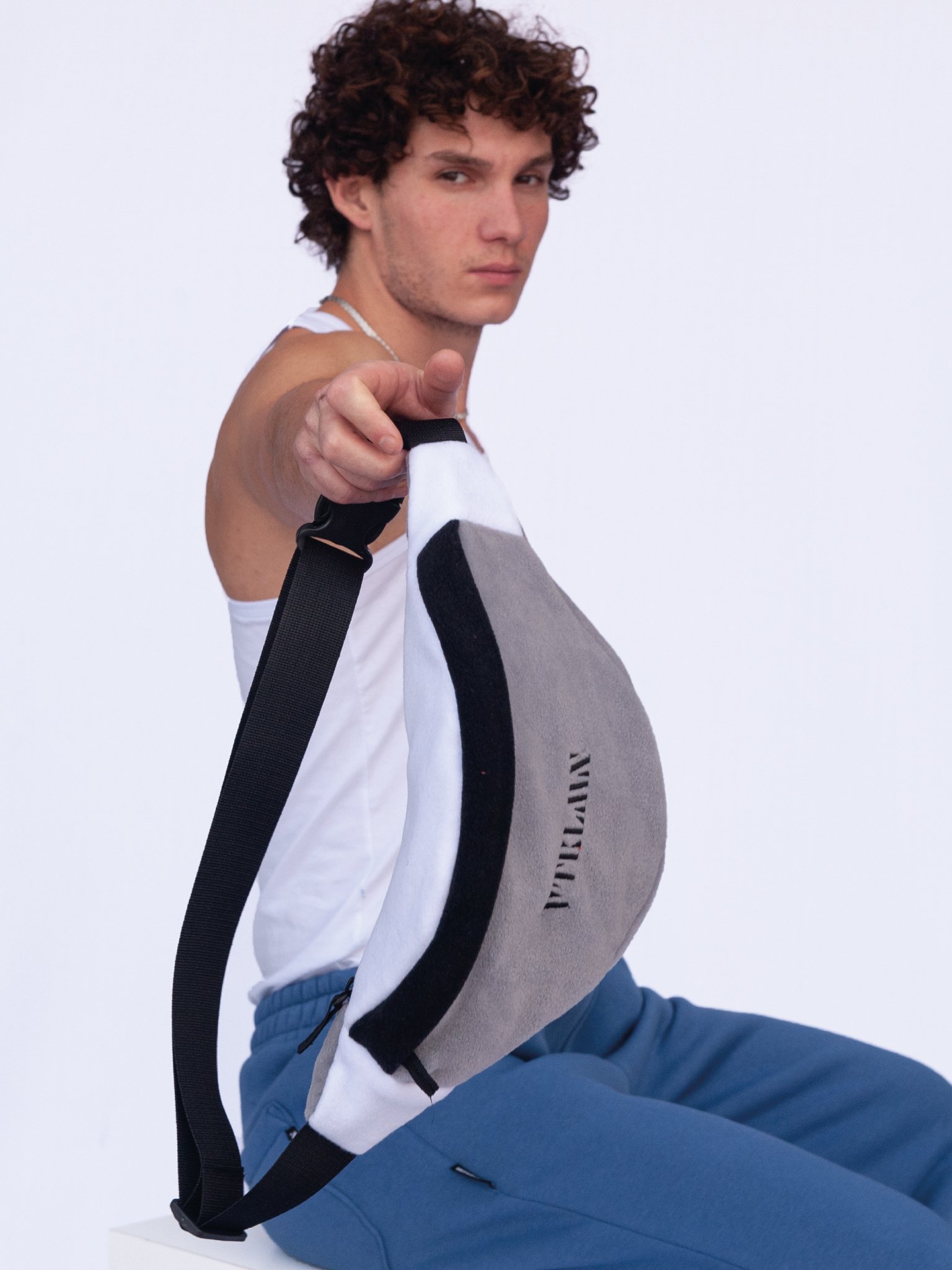 Unisex Fleece Shoulder And Waist Bag - Gray Black White