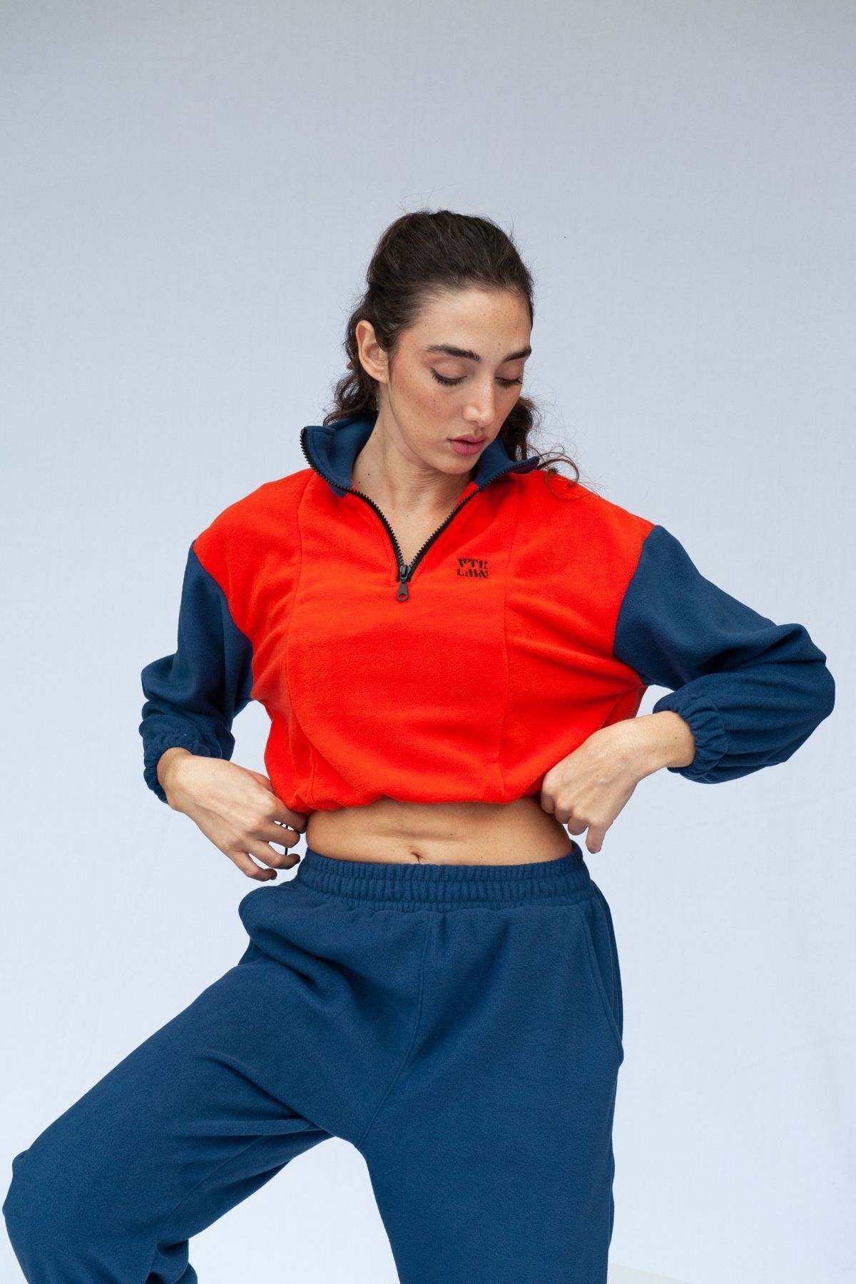 Yarım Fermuarlı Crop Polar - Turuncu-Lacivert