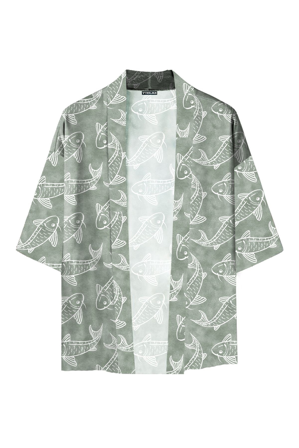 Kadın Erkek Yeşil Koi Fish Desenli %100 Pamuk Viskon Kimono - Desenli