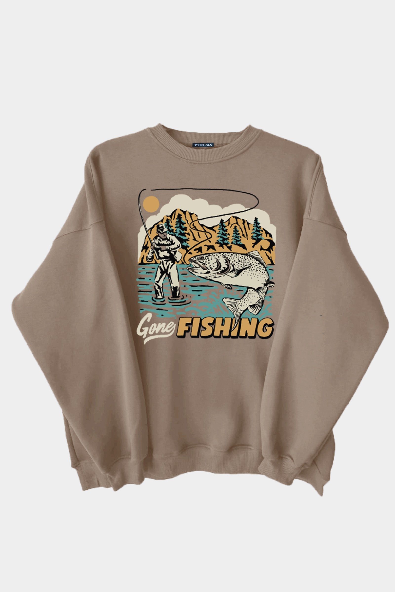 Fishing Baskılı Unisex Kalın Içi Polarlı Oversize Sweatshirt - Kahve