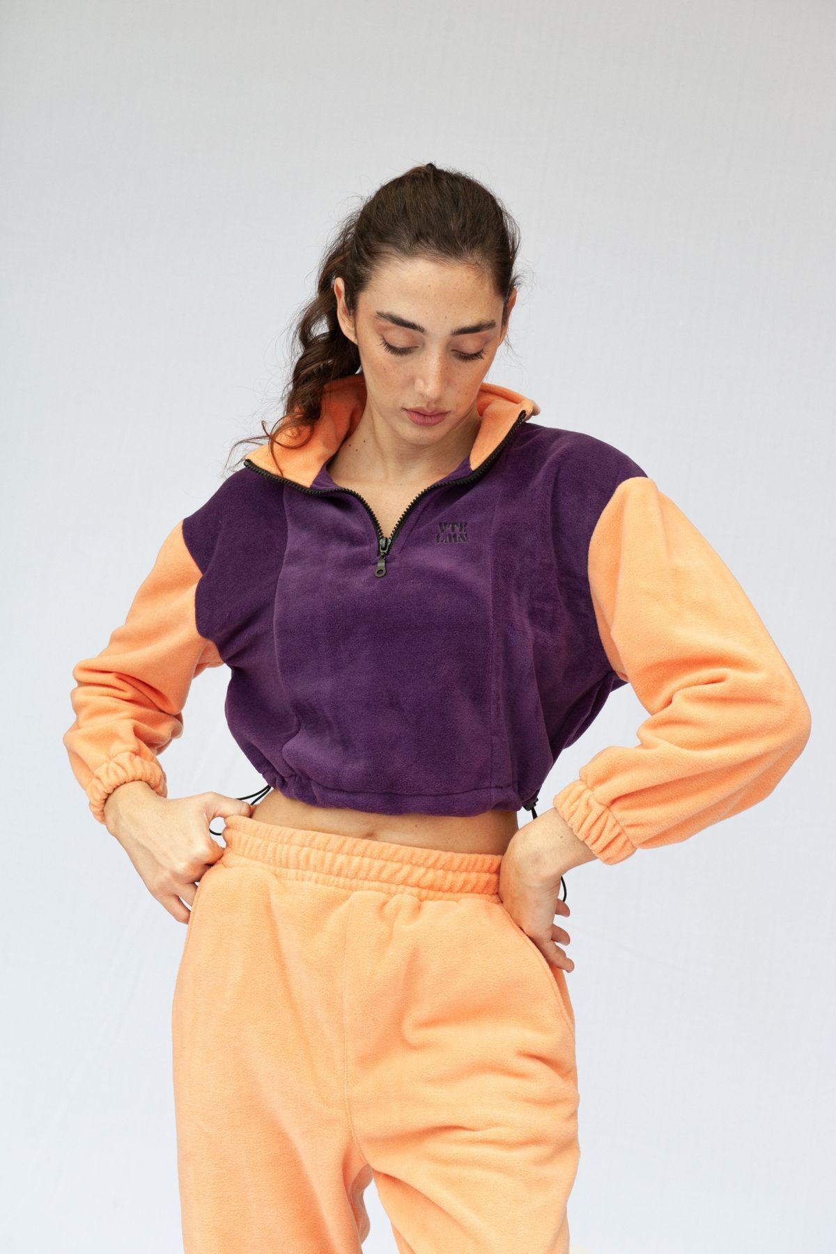 Yarım Fermuarlı Crop Polar - Mor-Somon