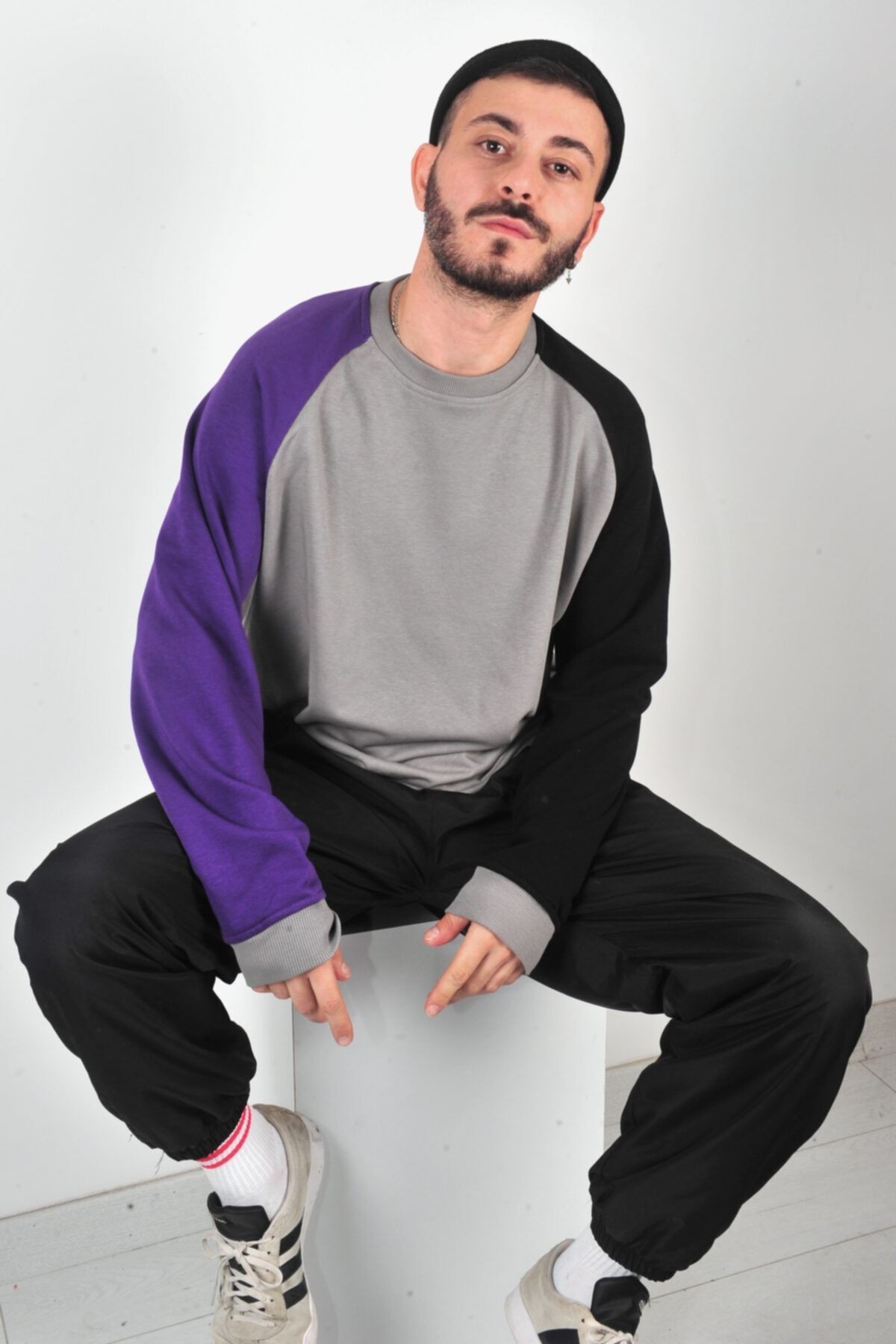 Unisex Gri Mor Siyah Oversize Örme Sweatshirt - GRİ-MOR-SİYAH