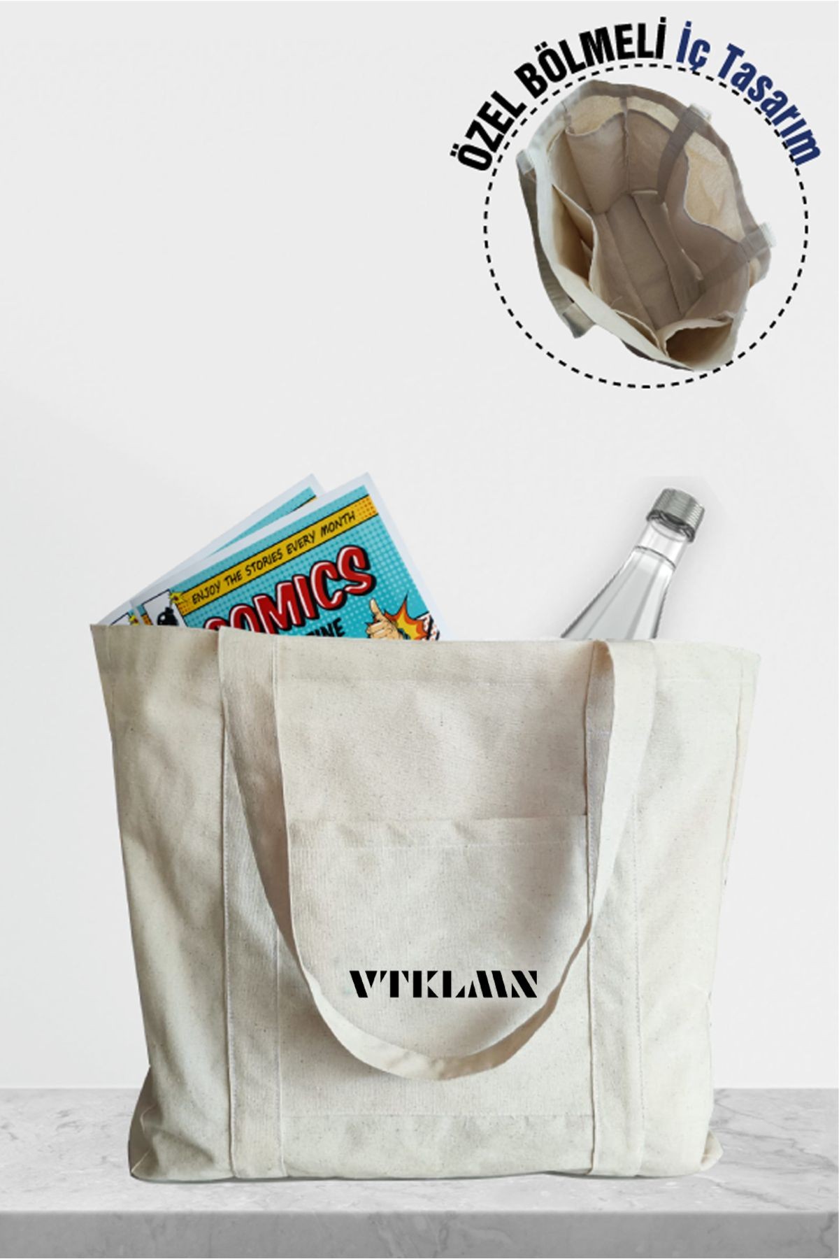 % 100 Pamuk Kanvas Bölmeli Bez Çanta / Tote Bag - Bej6