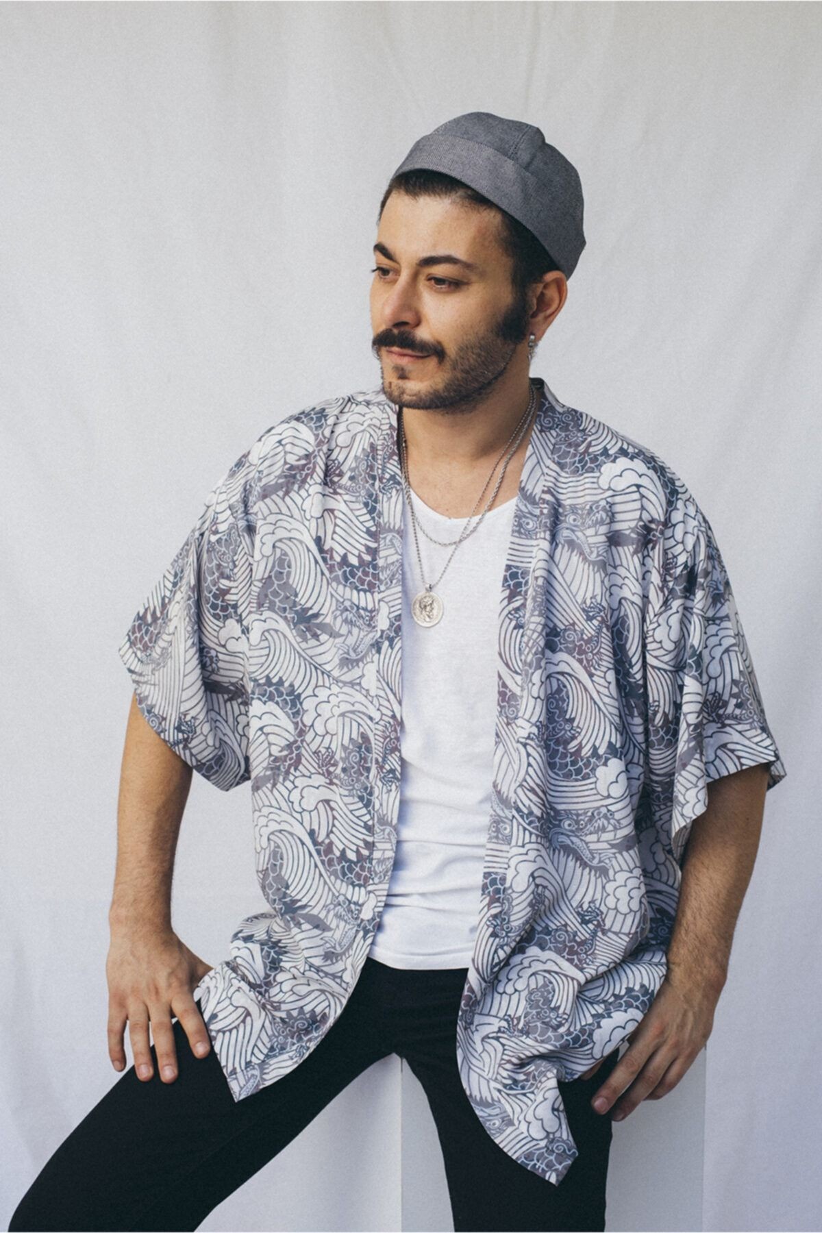 Unisex Gri Desenli Kimono Gömlek
