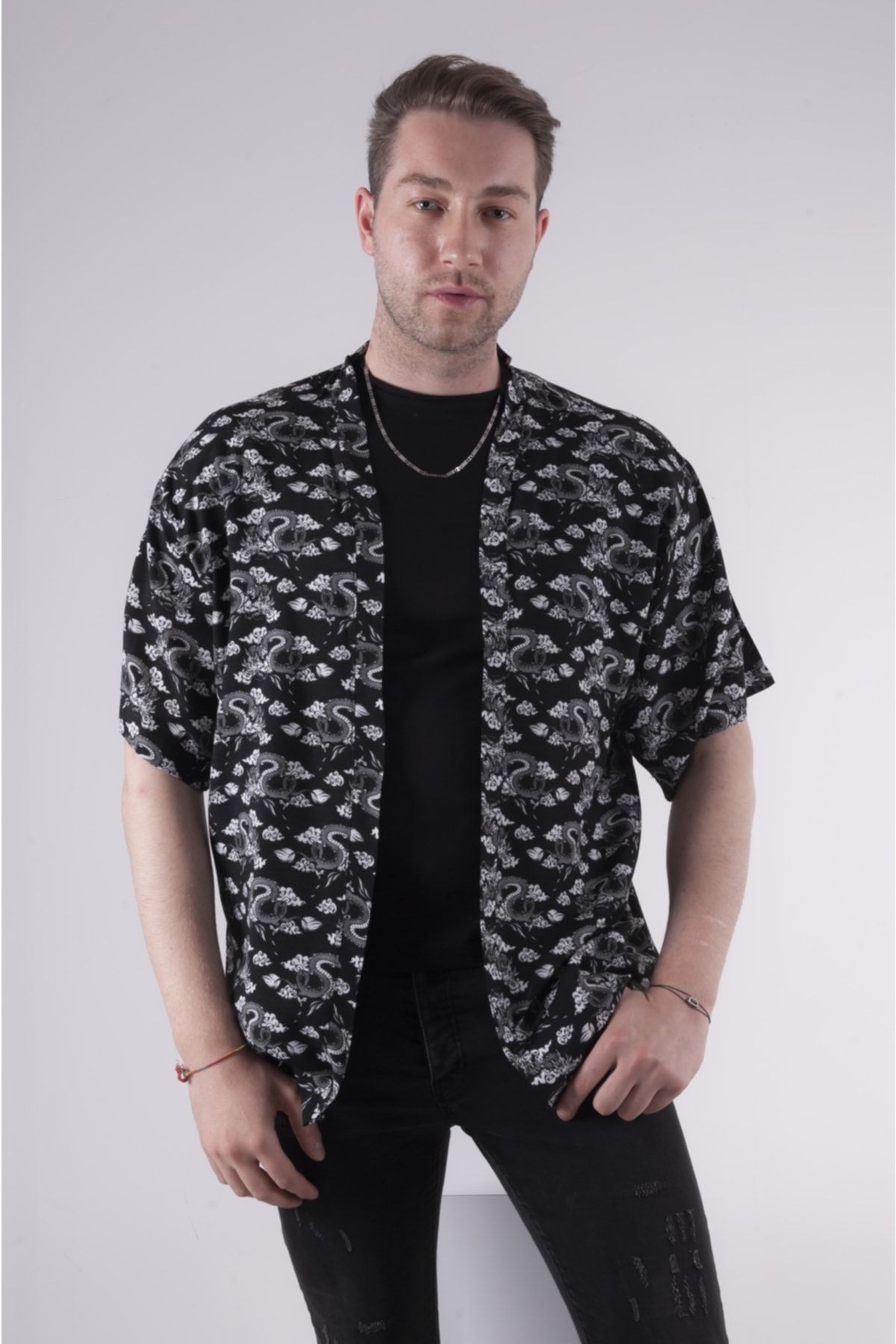 Kadın Erkek Standart Beden Desenli Kimono Gömlek - Black