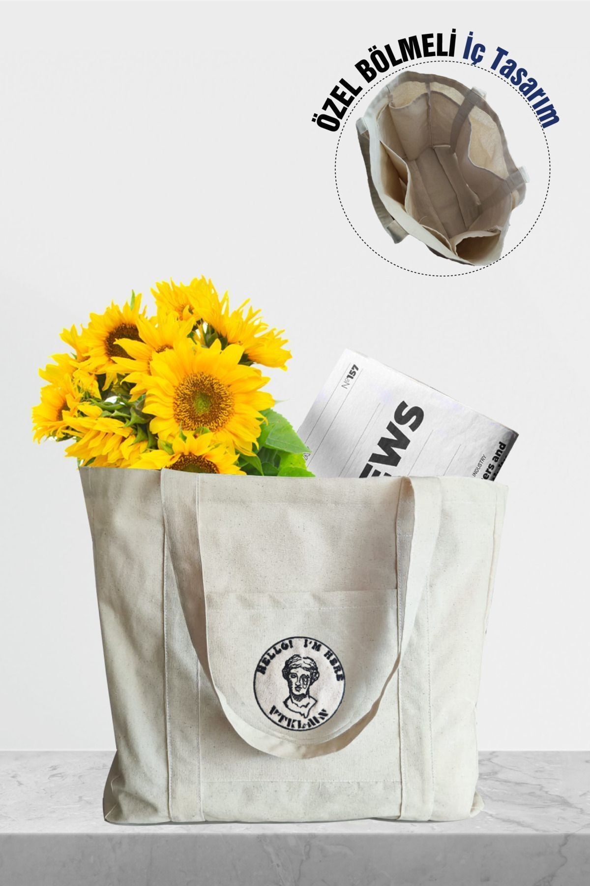 % 100 Pamuk Kanvas Bölmeli Bez Çanta / Tote Bag - Bej3