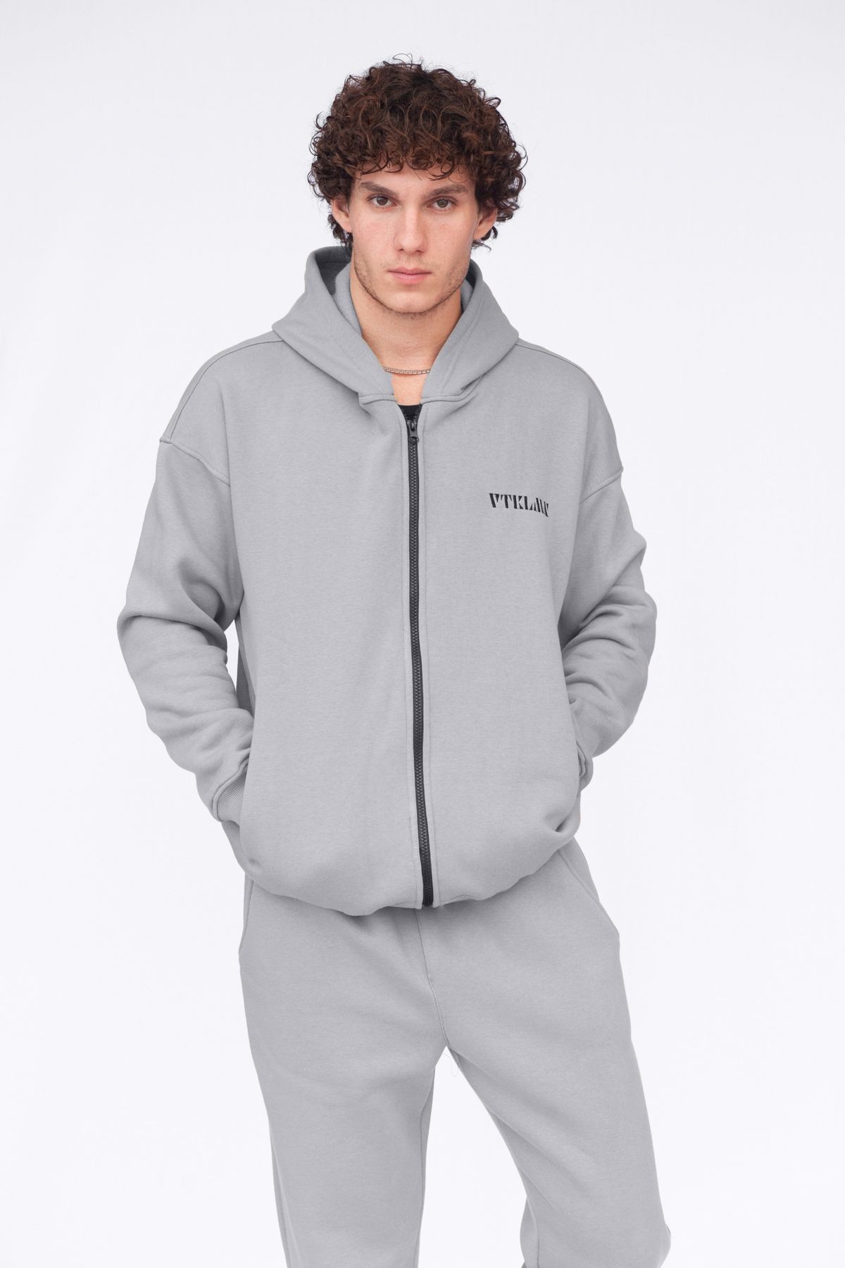Şardonlu Oversize Kapşonlu Fermuarlı Sweatshirt - Açık-Gri