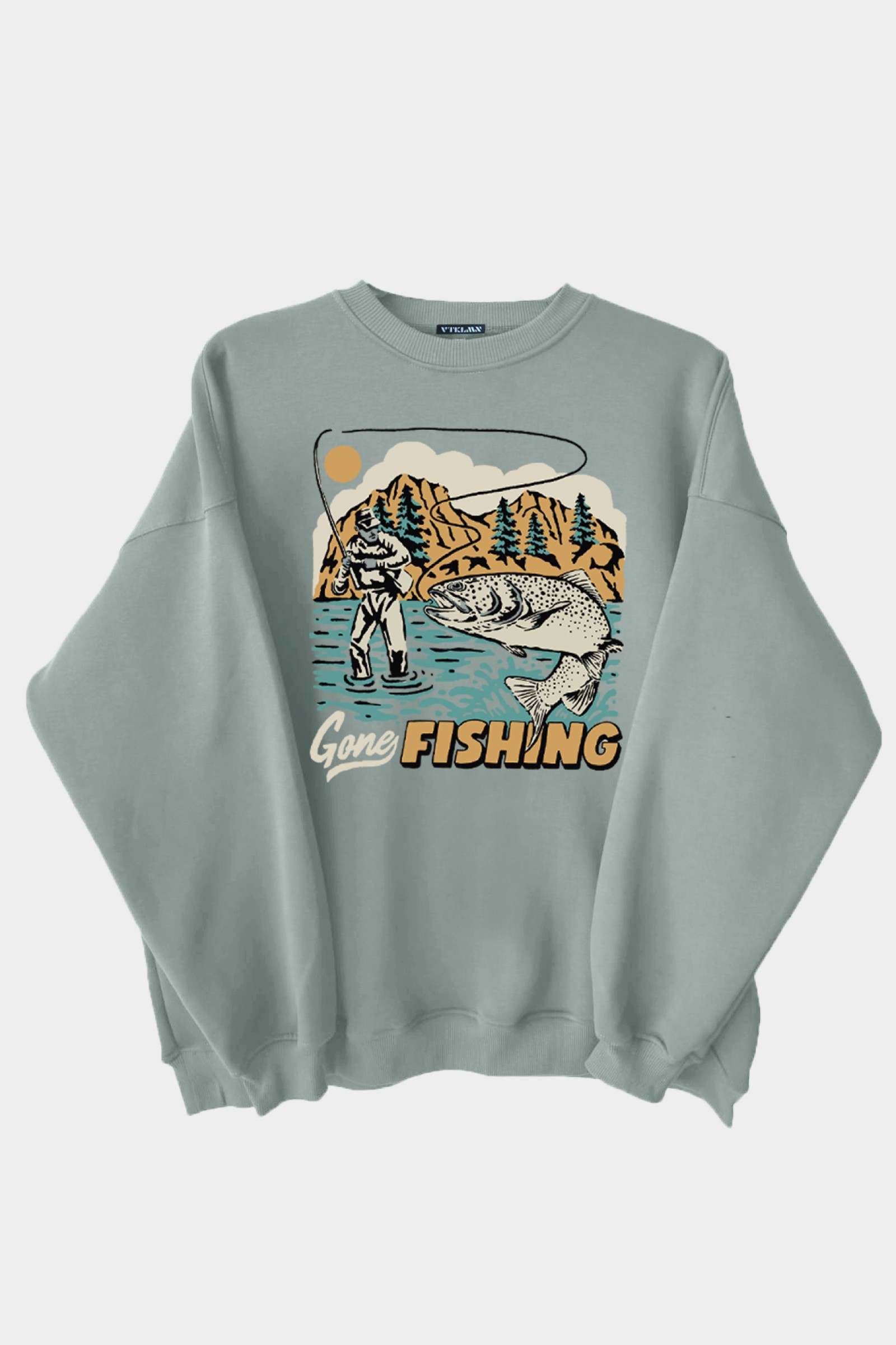 Fishing Baskılı Unisex Kalın Içi Polarlı Oversize Sweatshirt - Açık Yeşil