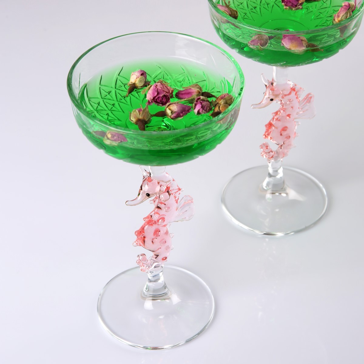 Pembe Denizatı Cam Figürlü Kristal Kesme Dekorlu Coupe Kokteyl Kadehi 2’li Set