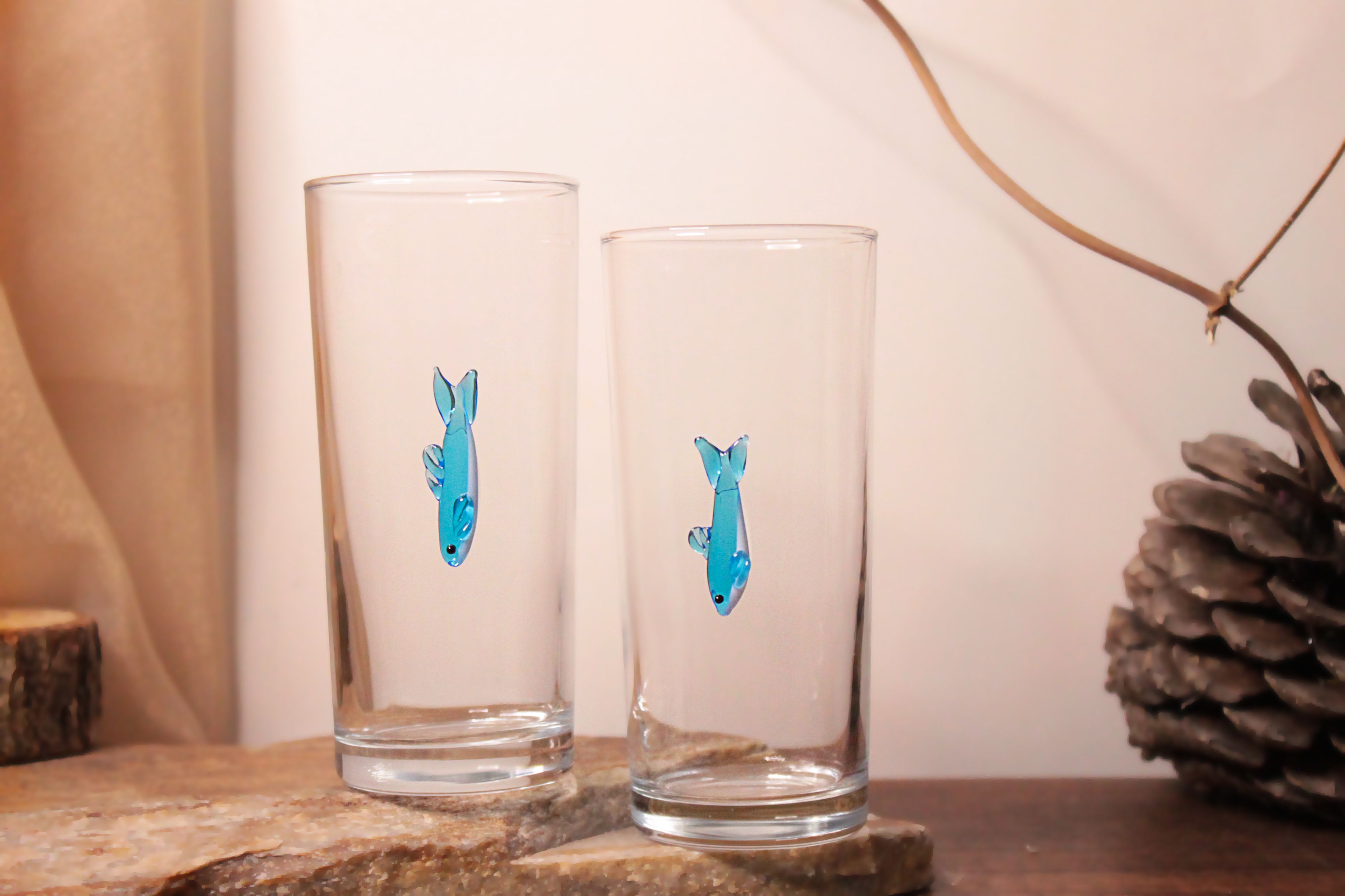 Mavi Balık Cam Figürlü Rakı Bardağı & Kadehi 6'lı Set