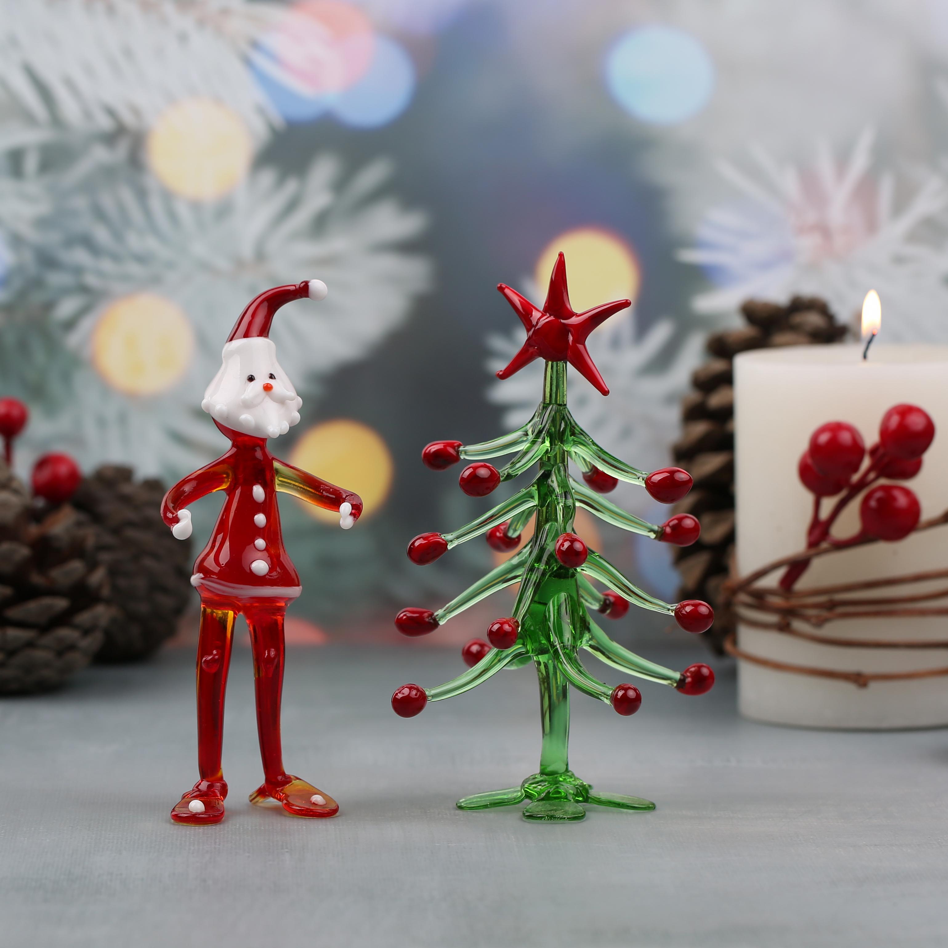 Noel Baba ve Çam Ağacı Yılbaşı Temalı Dekoratif Cam Biblo 2'li Set