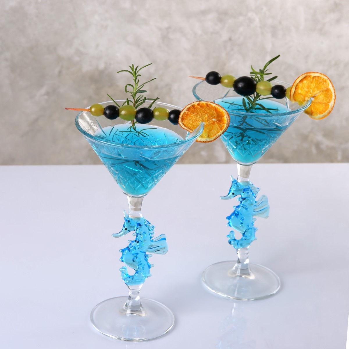 Mavi Denizatı Cam Figürlü Kristal Kesme Dekorlu Martini Kokteyl Kadehi 2’li Set