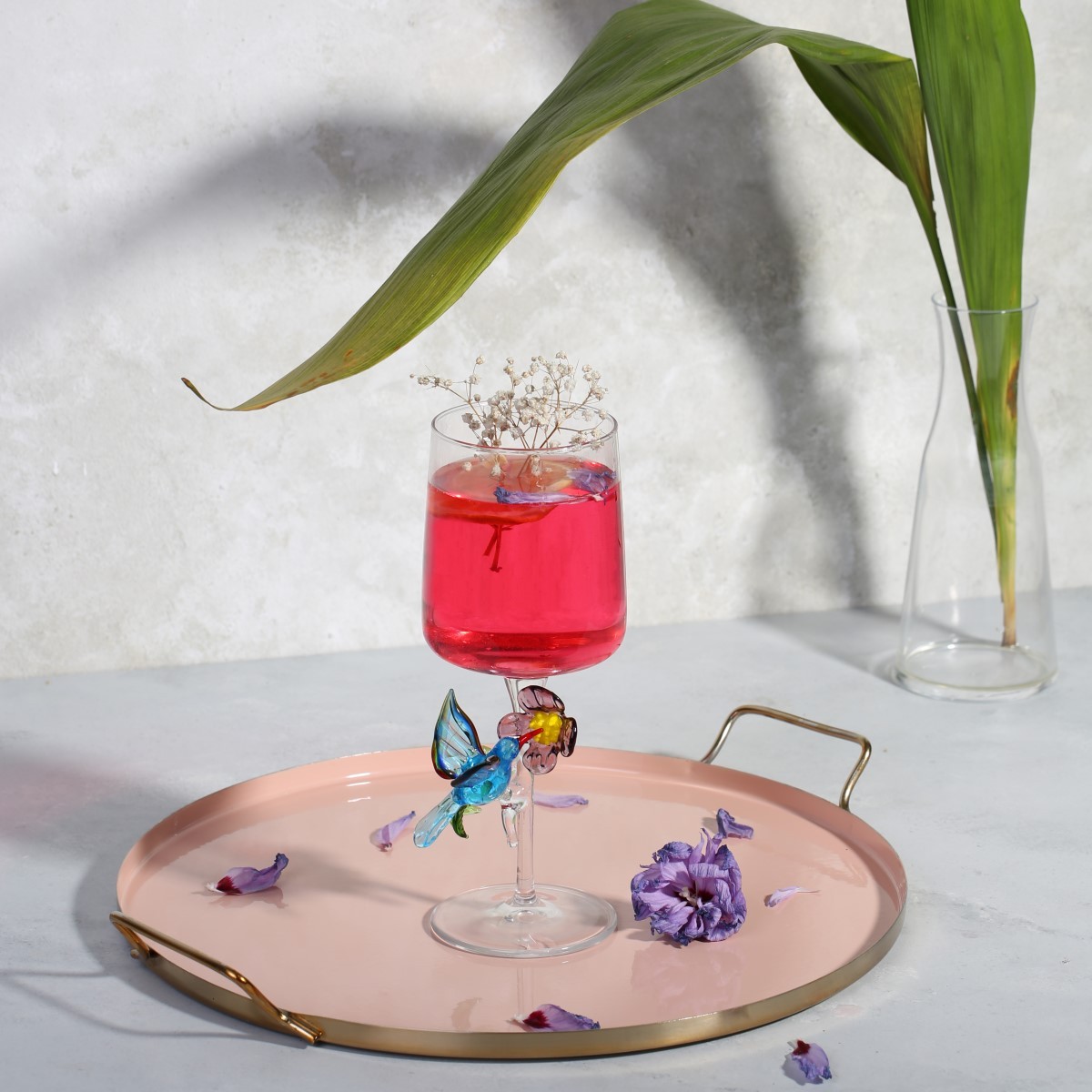 Sinek Kuşu & Çiçek Murano Cam Dekorlu Tasarım Ayaklı Kokteyl Sunum Kadehi 2’li Set