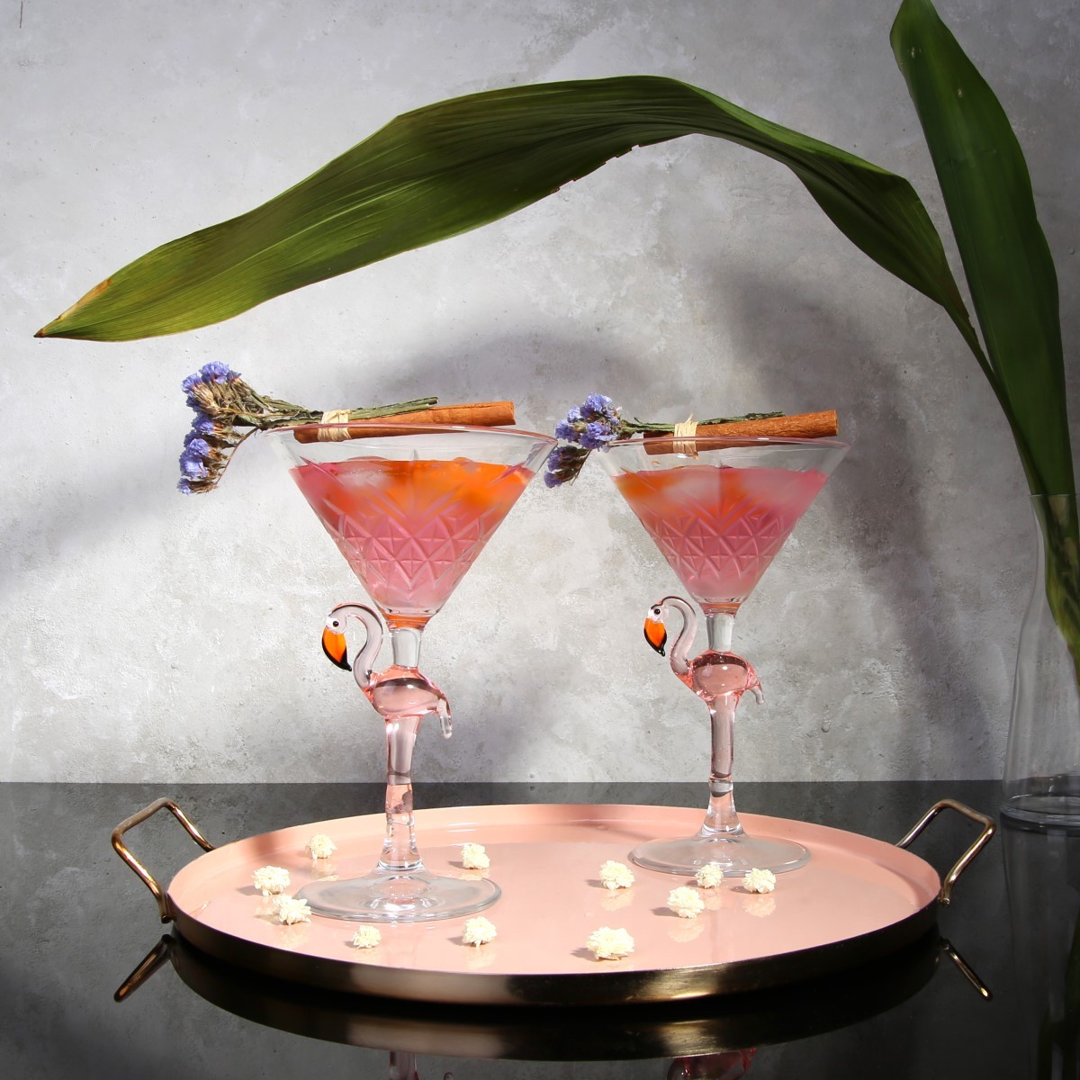 Flamingo Cam Figürlü Kristal Kesme Martini Kokteyl Kadehi 2’li Set