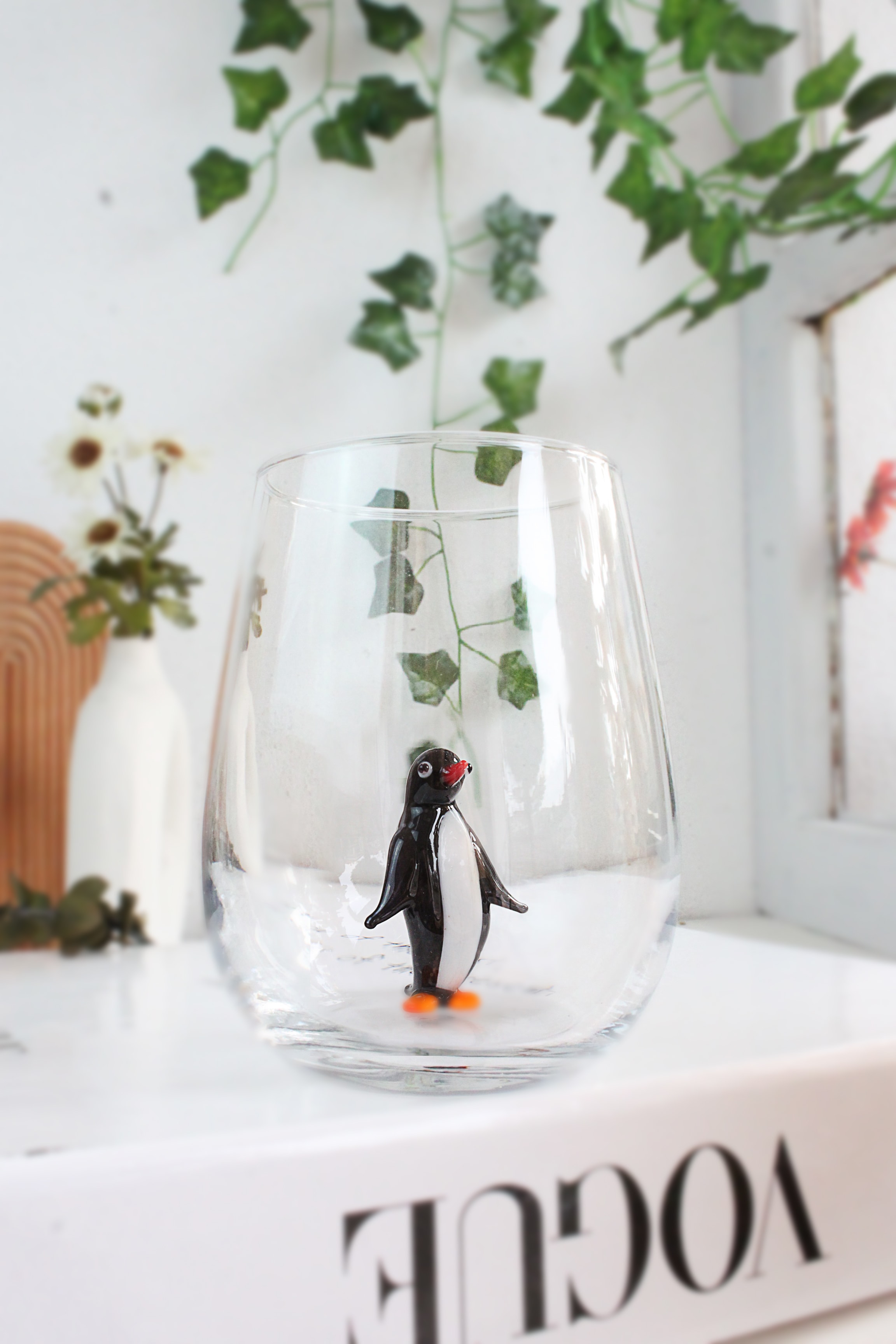 Black Serisi Penguen Figürlü El Yapımı Murano Cam Tasarım Tekli Su Bardağı