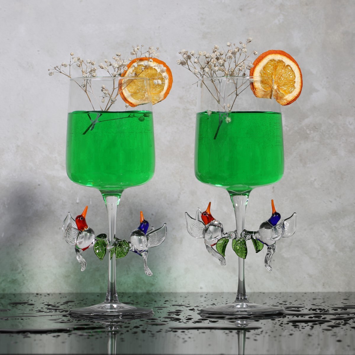 Dekoratif Şeffaf İkili Kuş Cam Tasarım Kadeh & Ayaklı Bardak 2'li Set