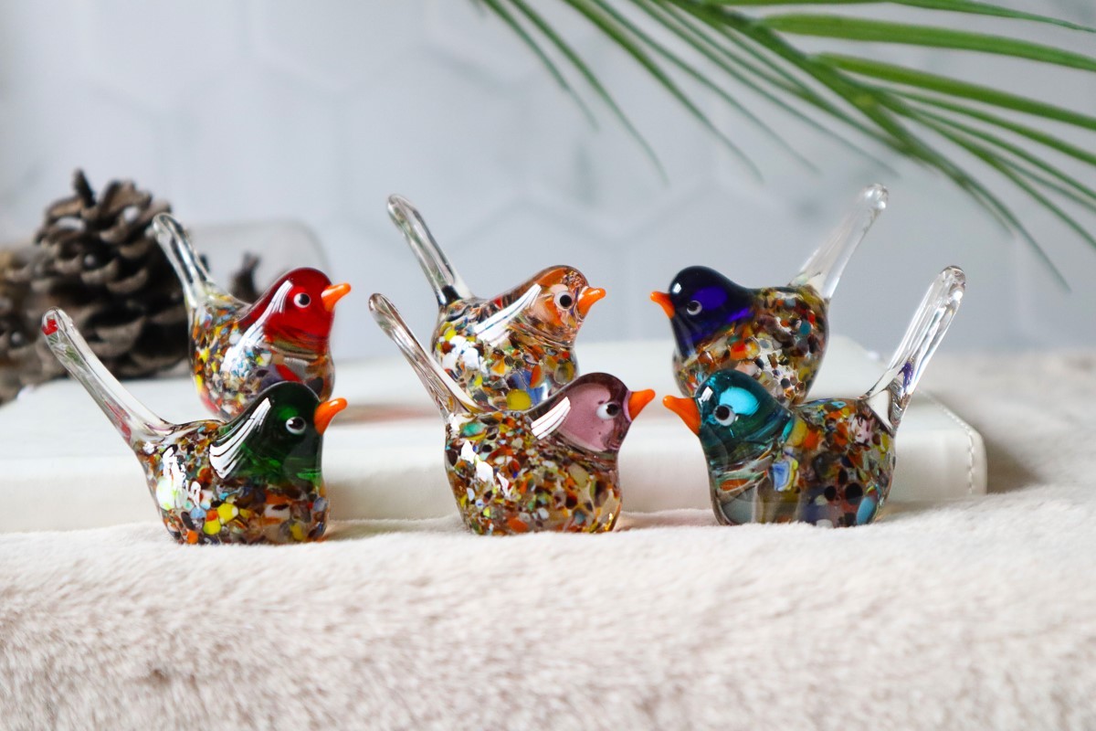 Rengarenk Kuşlar 6’lı El Yapımı Murano Cam Biblo Seti