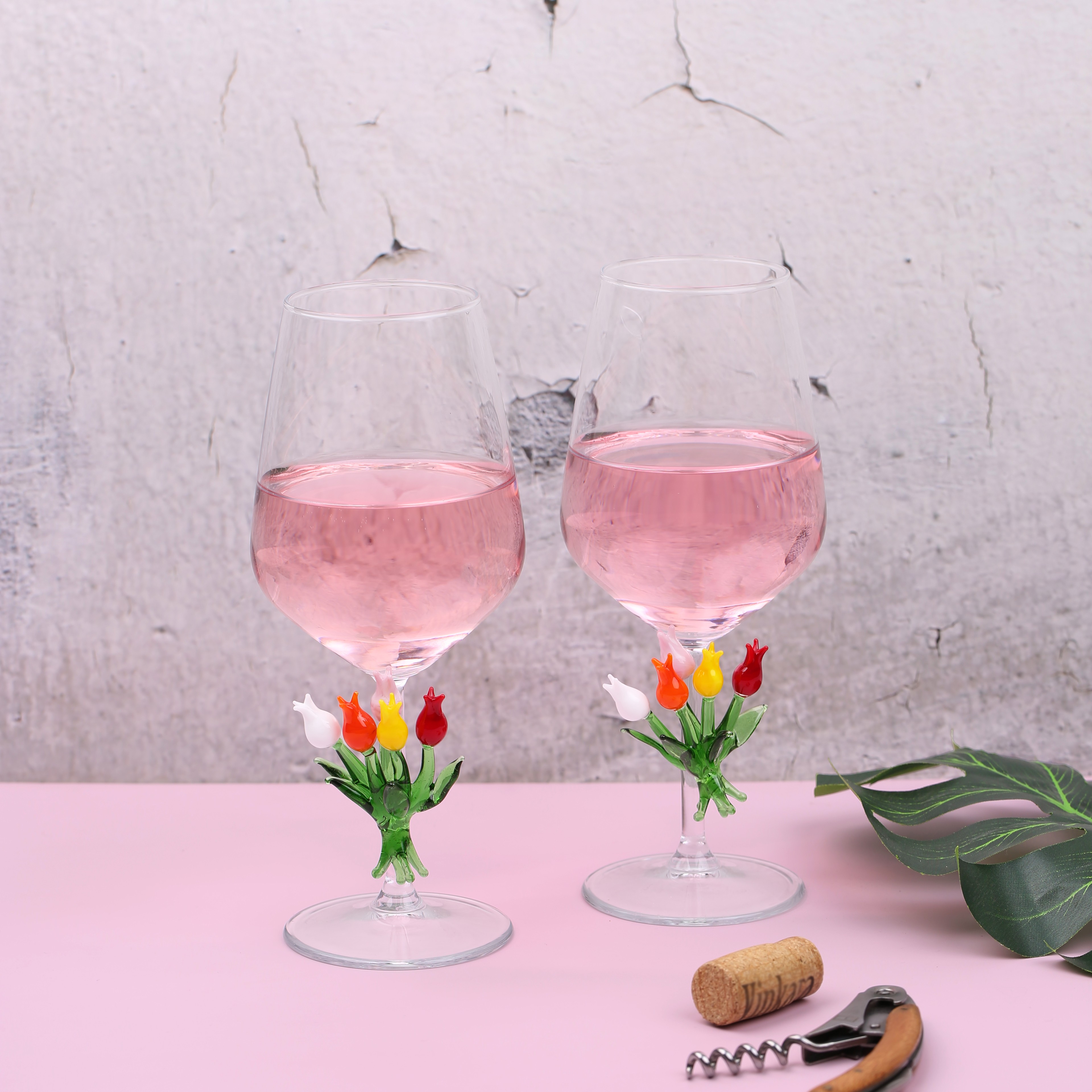Rengarenk Laleler Çiçek Cam Temalı Şarap Kadehi 2’li Set