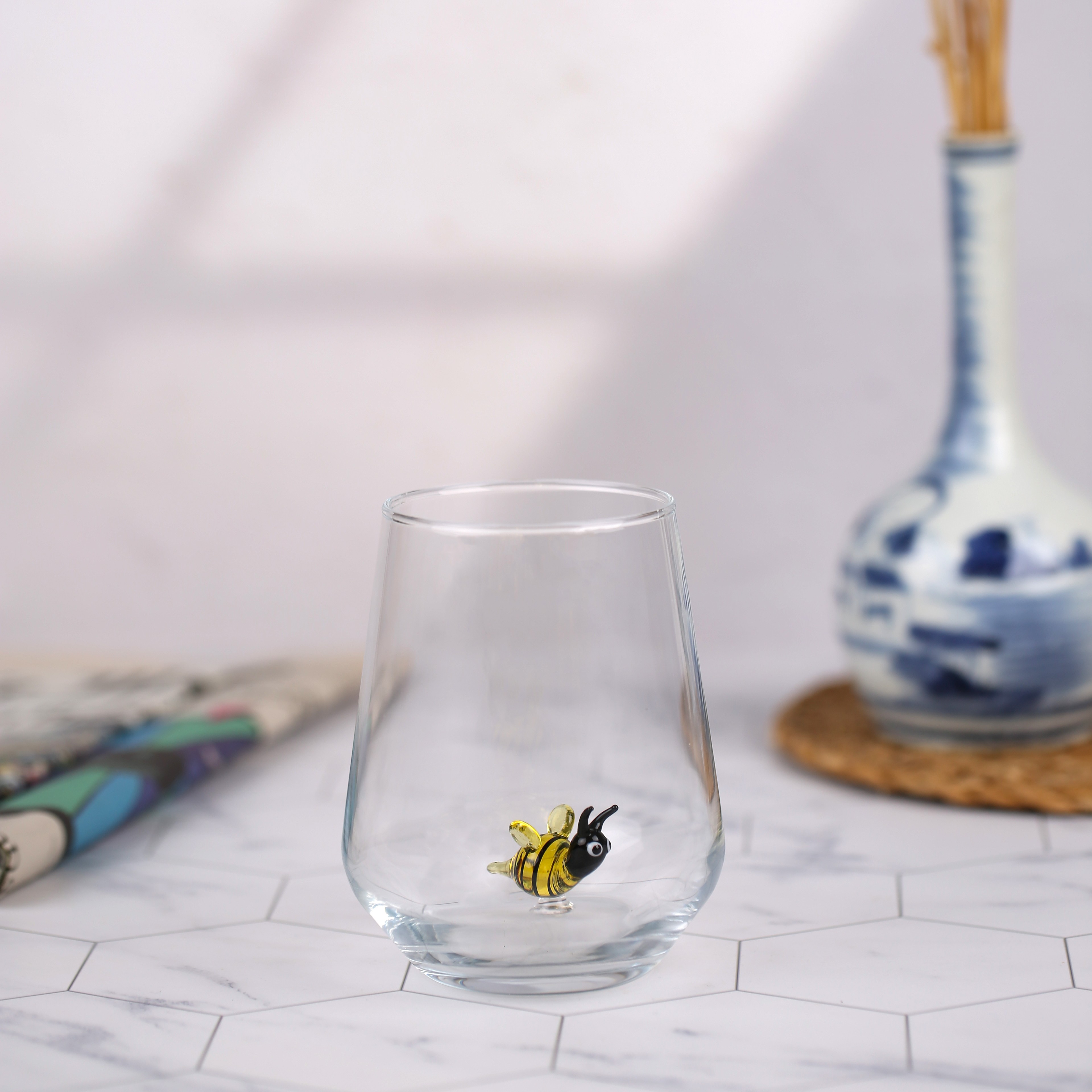 Arı cam figürlü Su Bardağı - Tekli