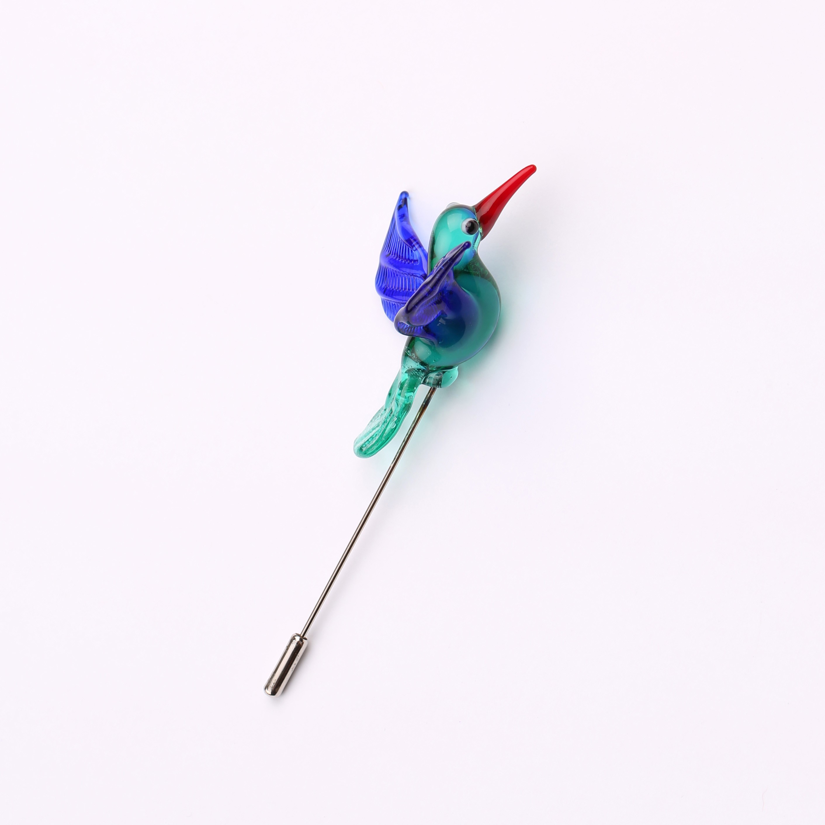 Sinek Kuşu Cam Figürlü Broş El Yapımı, Benzersiz Yaka İğnesi - Mavi Kanatlı Model