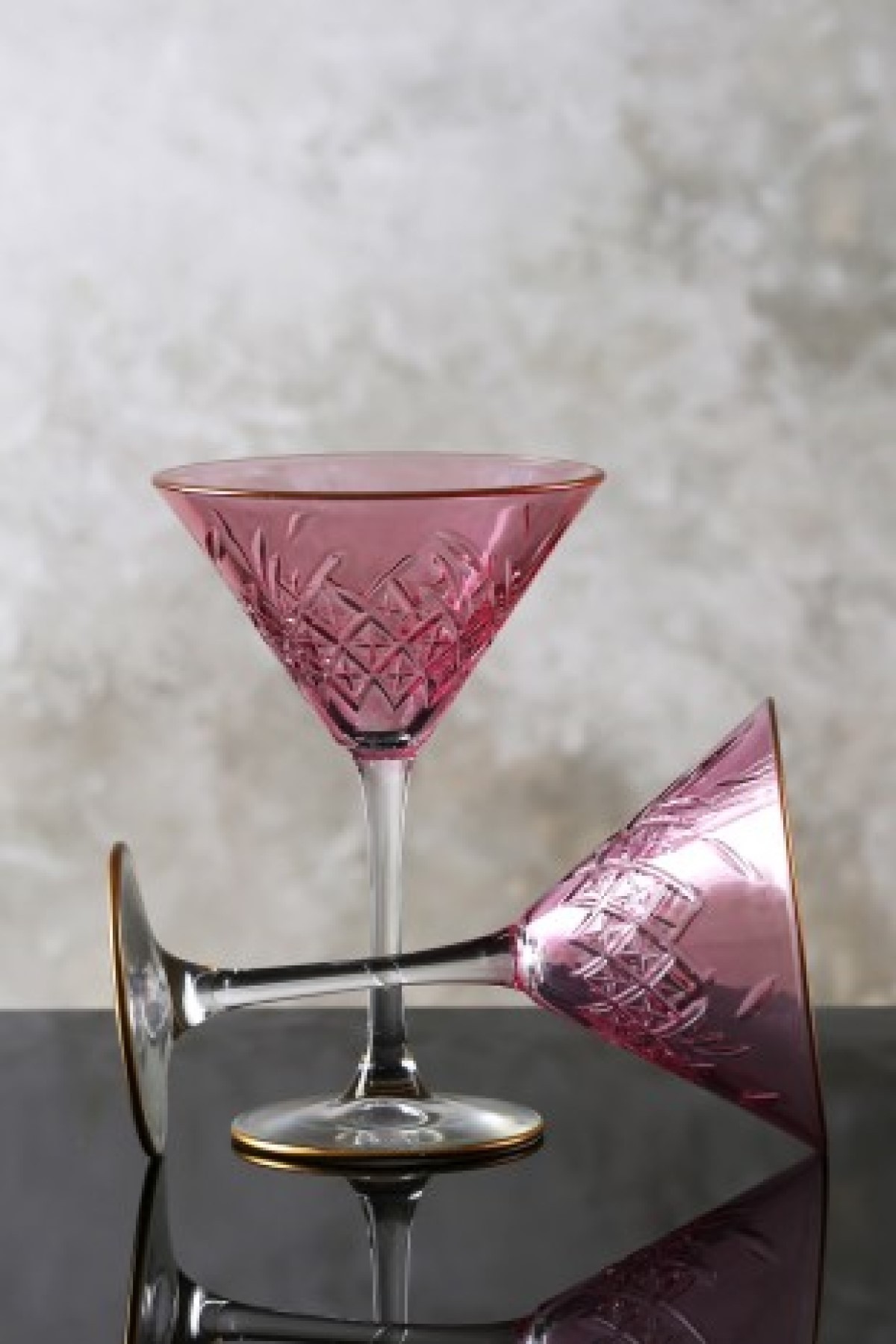 Yaldızlı Kristal Kesme Renkli Martini Bardağı & Kadehi 2’li Set - Pembe