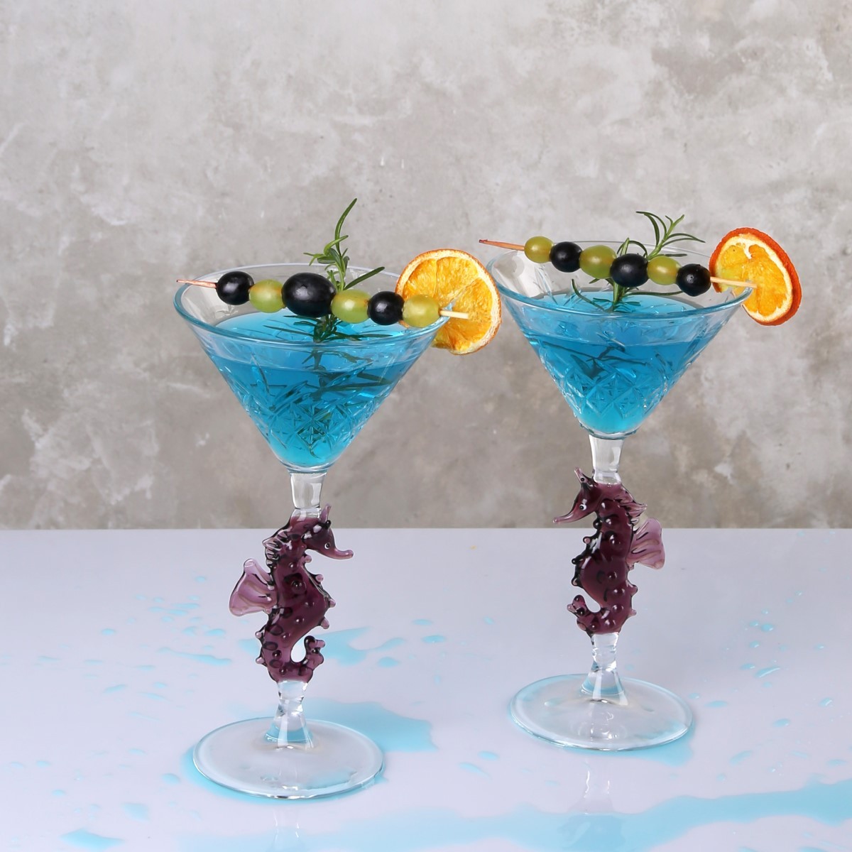 Mor Denizatı Cam Figürlü Kristal Kesme Dekorlu Martini Kokteyl Kadehi 2’li set