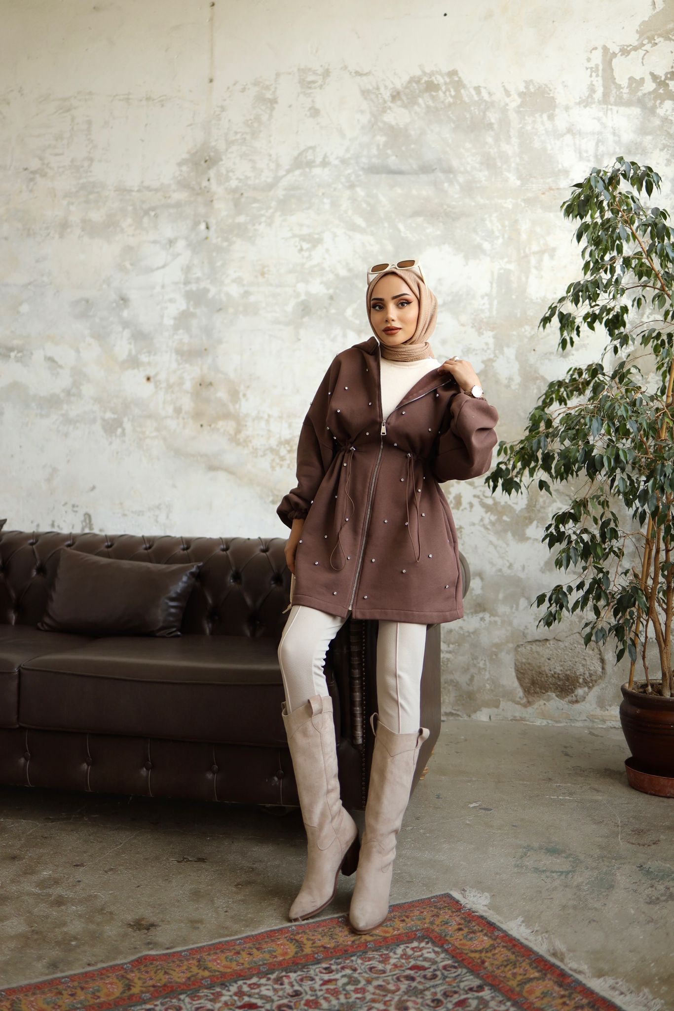 Diamond taşlı ceket/hırka kahverengi