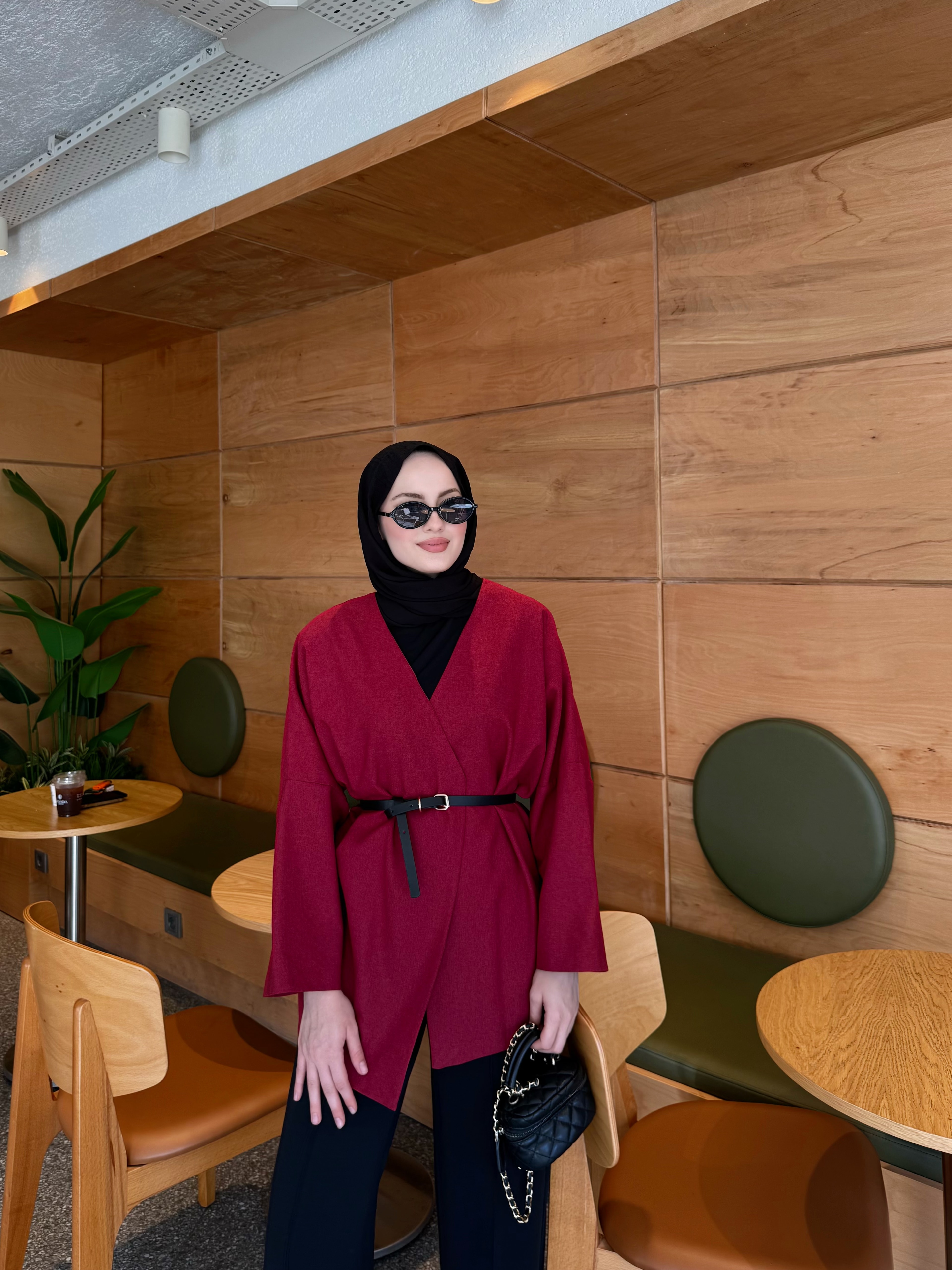 Puffy Deri Kemerli Kimono - Bordo