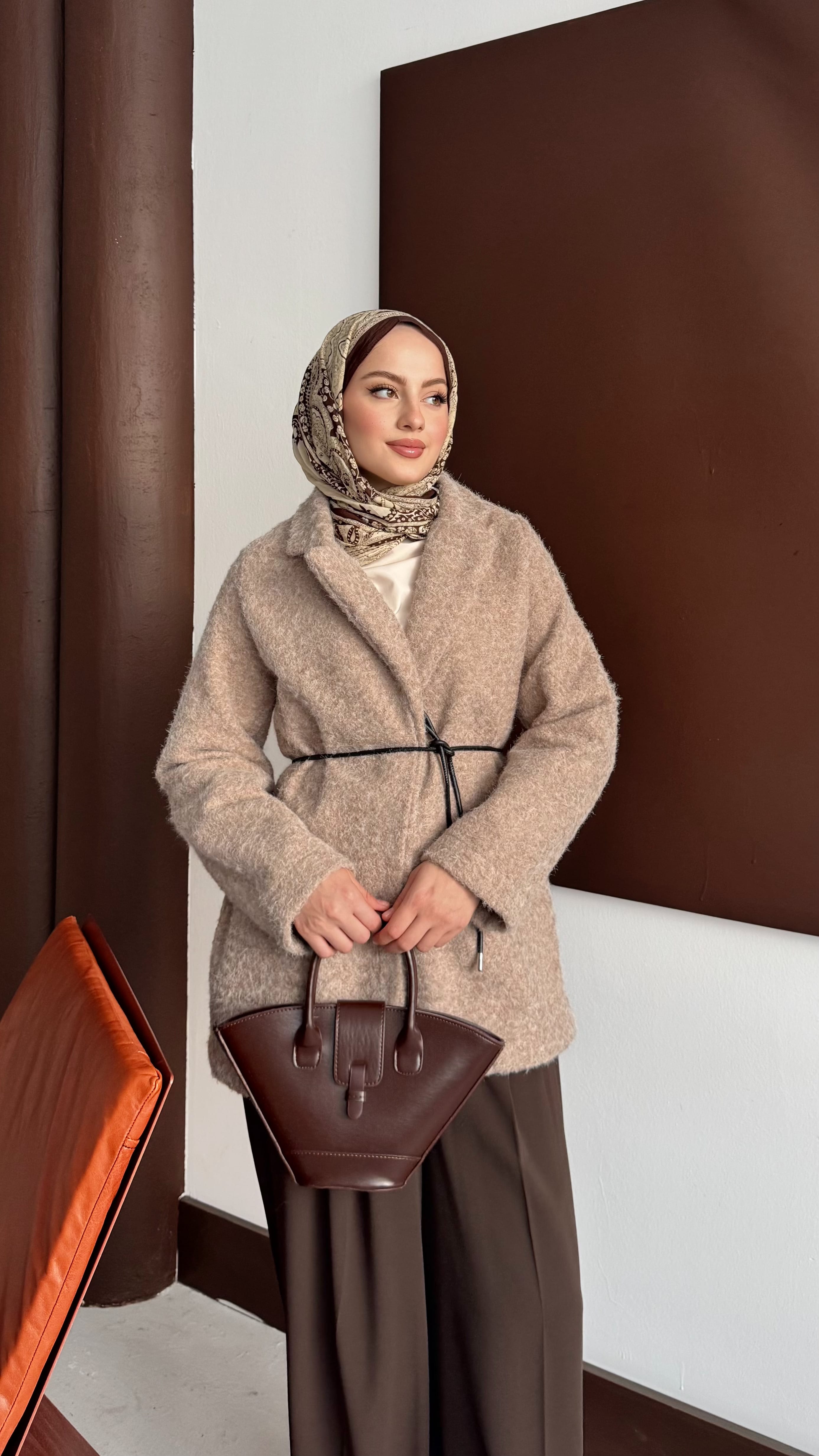 Kemerli Kaşe Ceket - Bej