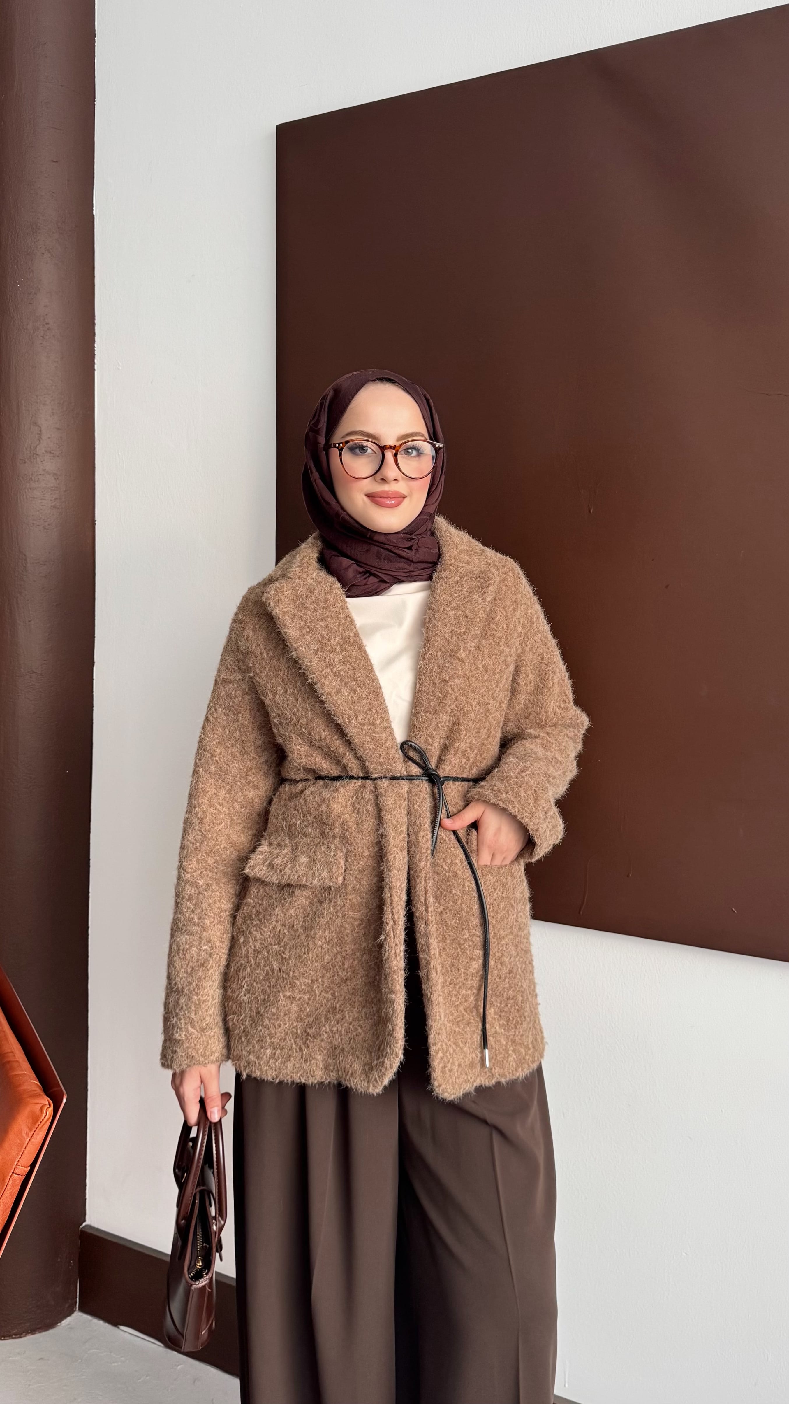 Kemerli Kaşe Ceket - Camel