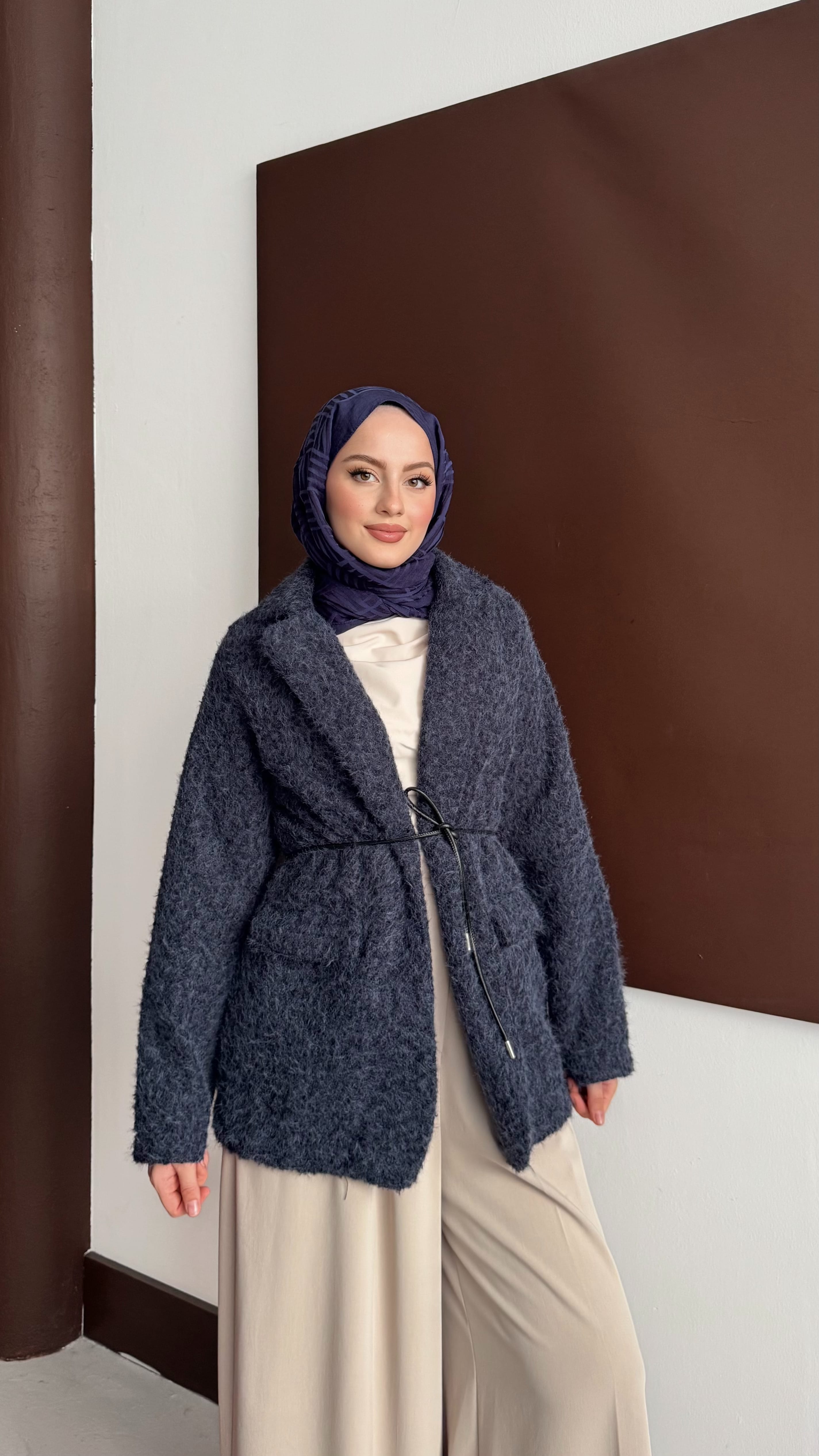 Kemerli Kaşe Ceket - Lacivert